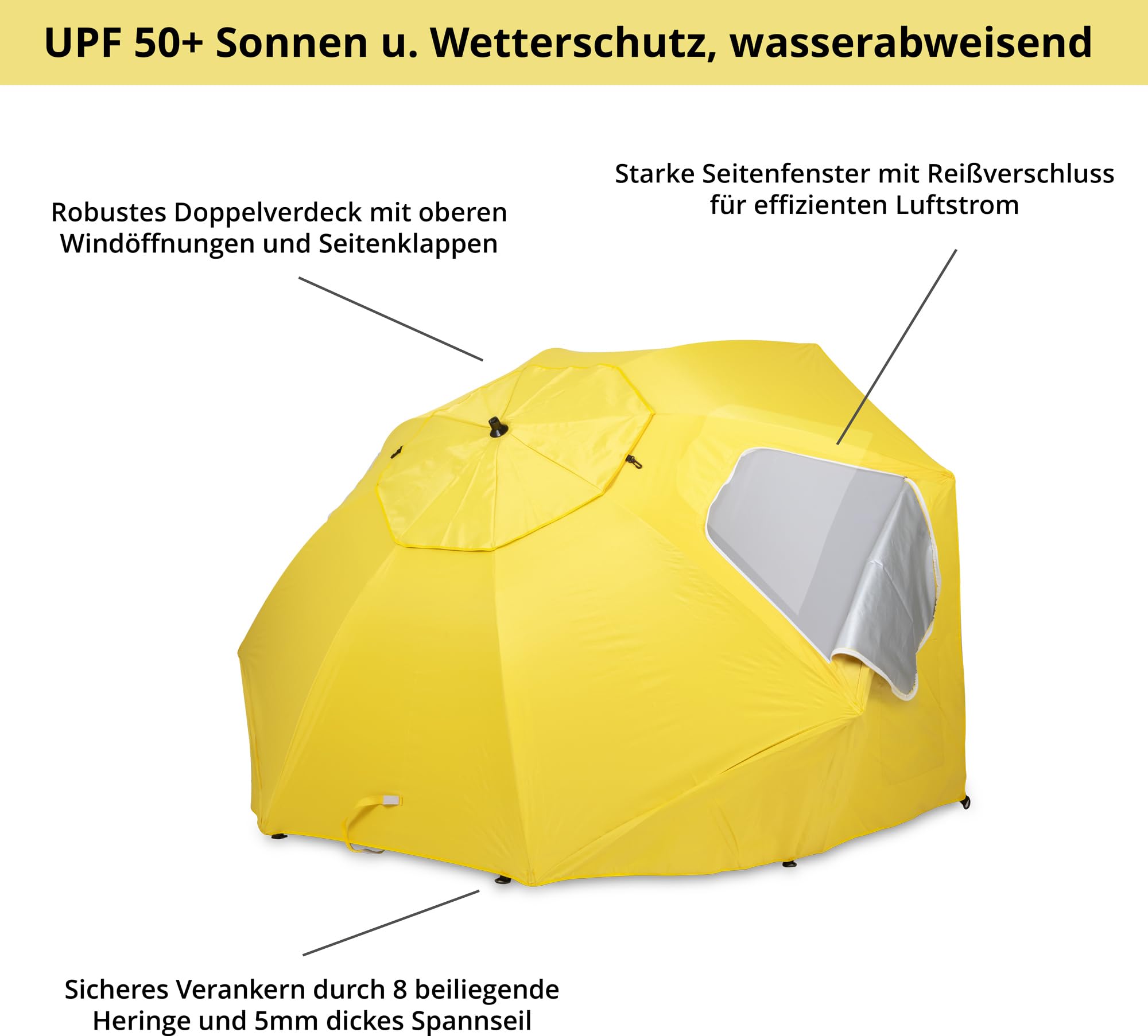 Stagecaptain UM-210 Shady Sonnenschirm-Strandmuschel - Erdspieß zur Montage als Sonnenschirm - Wasserabweisender Stoff inkl. UV-Schutzschicht - Netz-Fenster für eine bessere Luftzirkulation