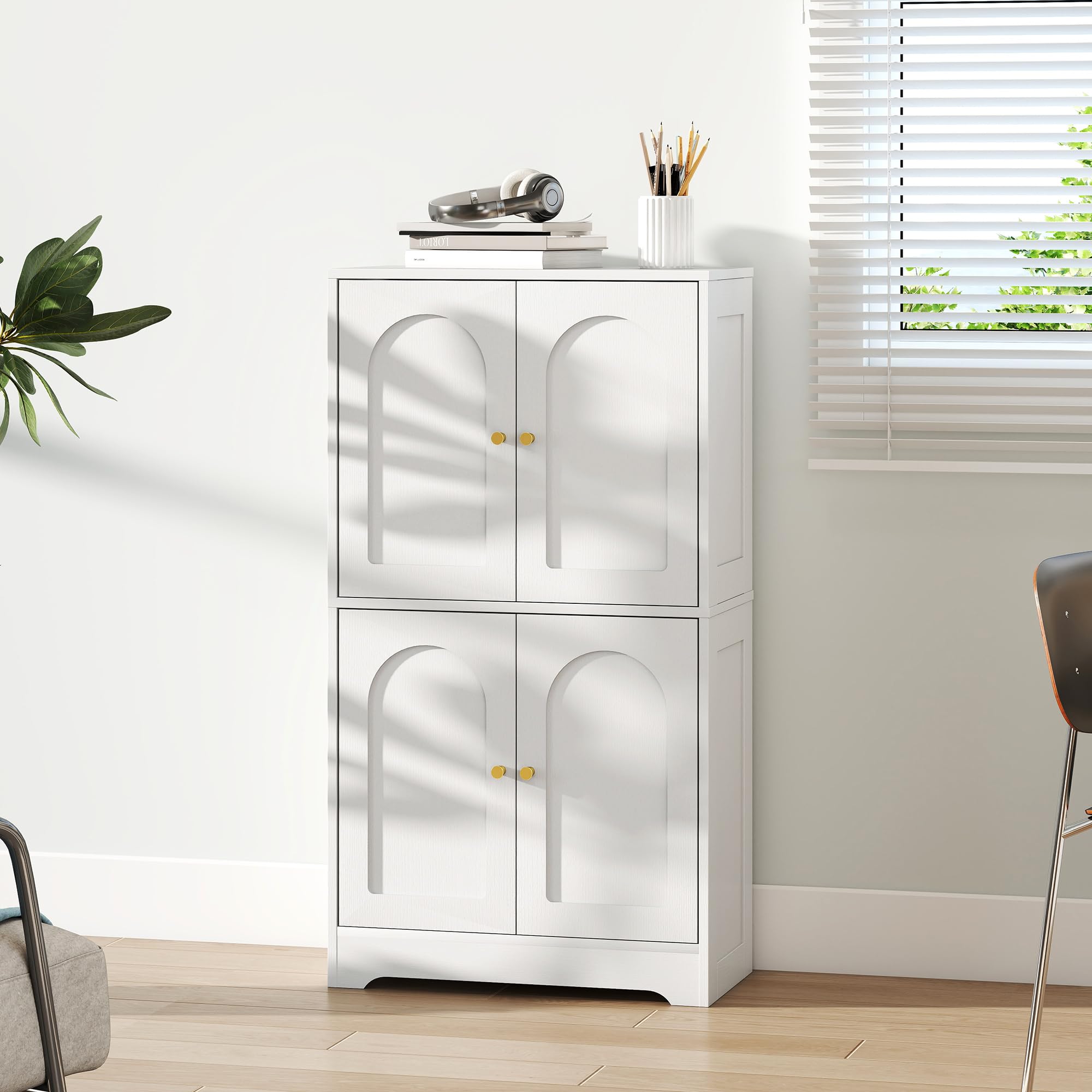 HOMCOM Credenza Cucina, Mobile Cucina Dispensa con 2 Armadietti, 4 Ante ad Arco, 2 Ripiani Regolabili, con Dispositivo Antiribaltamento, 60x30x110 cm, per Sala da Pranzo, Soggiorno, Bianco