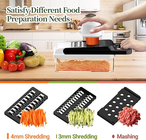 12-in-1 Vegetable Chopper 7 Blades, Veggie Cutter with Handle, Black/White | Stainless Steel Blades, Food Container and Lid, Dicer, Slicer, Julienne, Egg Separator, Non-slip Base, Include Cleaning Tools