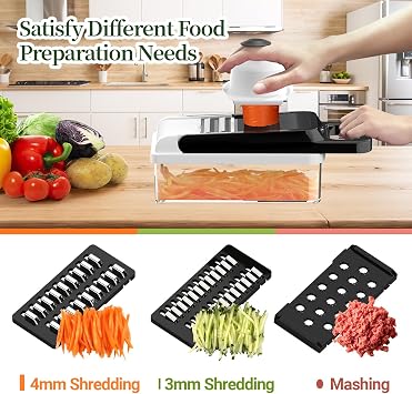 12-in-1 Vegetable Chopper 7 Blades, Veggie Cutter with Handle, Black/White | Stainless Steel Blades, Food Container and Lid, Dicer, Slicer, Julienne, Egg Separator, Non-slip Base, Include Cleaning Tools
