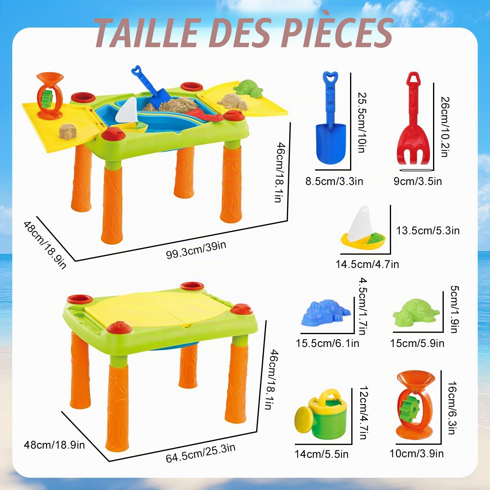 deAO 2-en-1 Table Sable et Eau pour Enfants - Grande Table d'Activité Sensorielle Extérieur avec Double Compartiment, couvercles et 10 Pièces,Jeu d'Été Cour/Plage/Jouet d'Extérieur