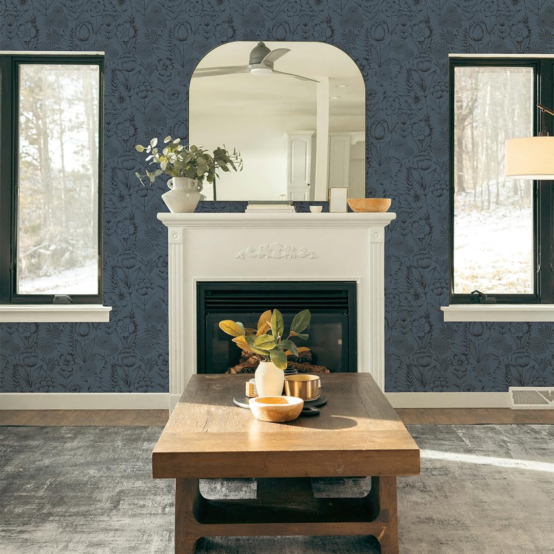 Tempaper Metallic Blue Homestead Floral Removable Peel and Stick Wallpaper, 20.5 in X 16.5 ft, Made in The USA