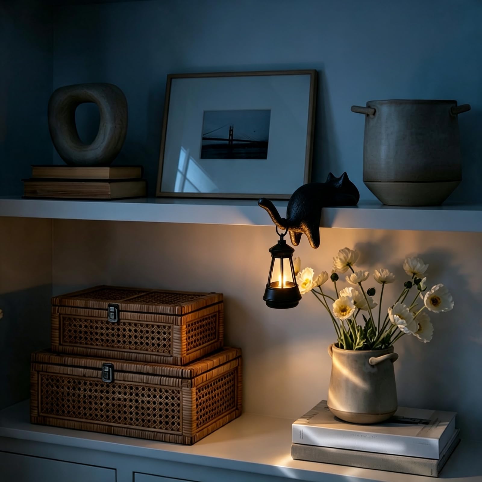 Resin Cat Bookshelf Lantern LED Night Light Warm White Hanging Lamp (D) â image 1