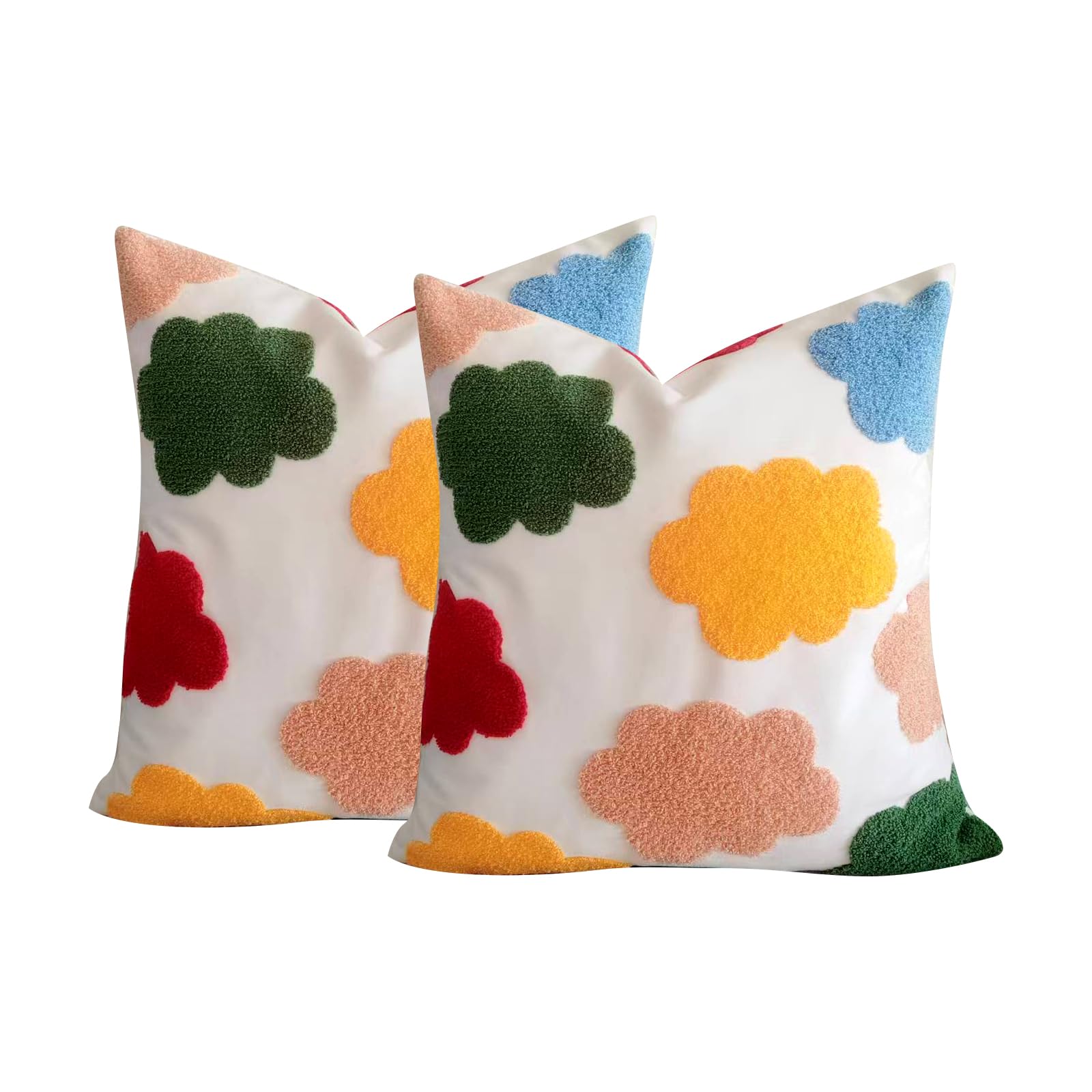Qupace Pack of 2 Kids Room Decor Pillow Covers,Cloud Embroidered Pillow Covers for Sofa Couch 18 x 18 Inch Spring Colours Cushion Cover Home Decor