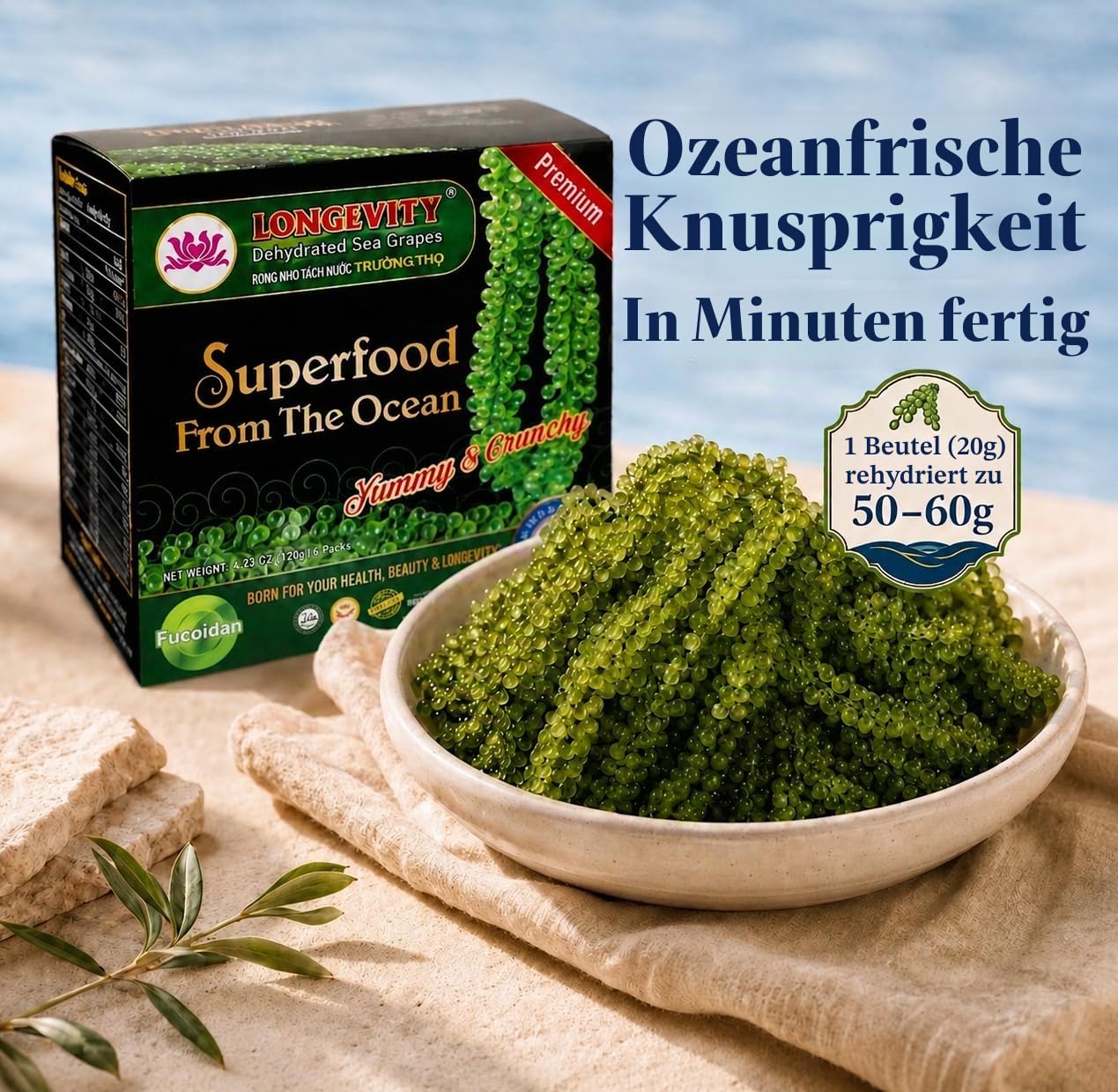 Longevity Meerestraube | Sea Grapes | Umibudo Grape Seaweed 12 x 20G | Rohkost | veganer Kaviar | für knackige Salate