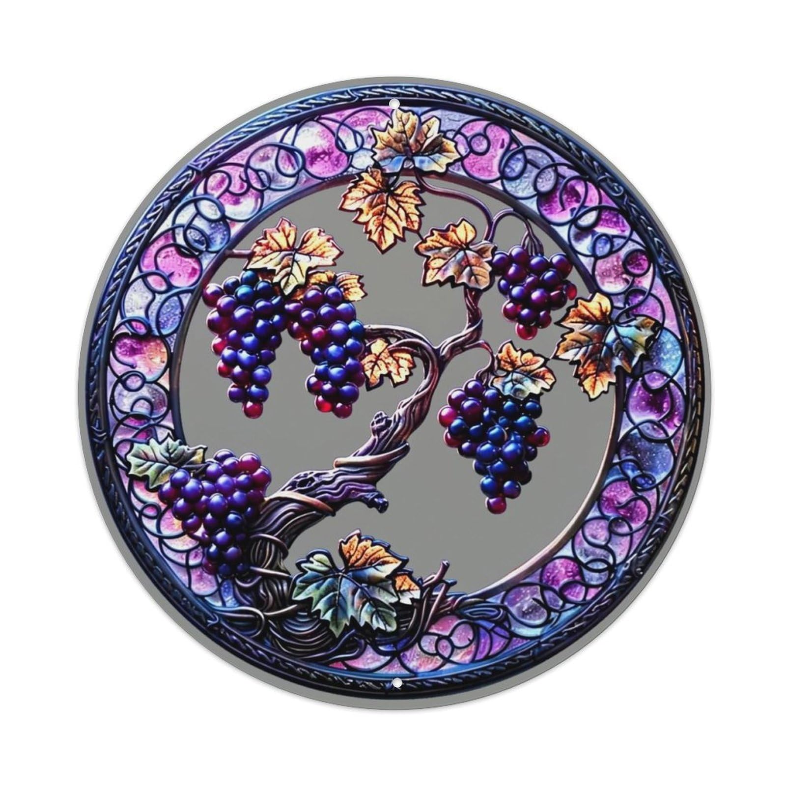 Grape Vine Leaves Circle Pattern Retro Metal Sign Round Tin Sign, Vintage Decor Art Poster for Bar, Home, Man Cave, Kitchen, Laundry Room Gift 8x8Inch