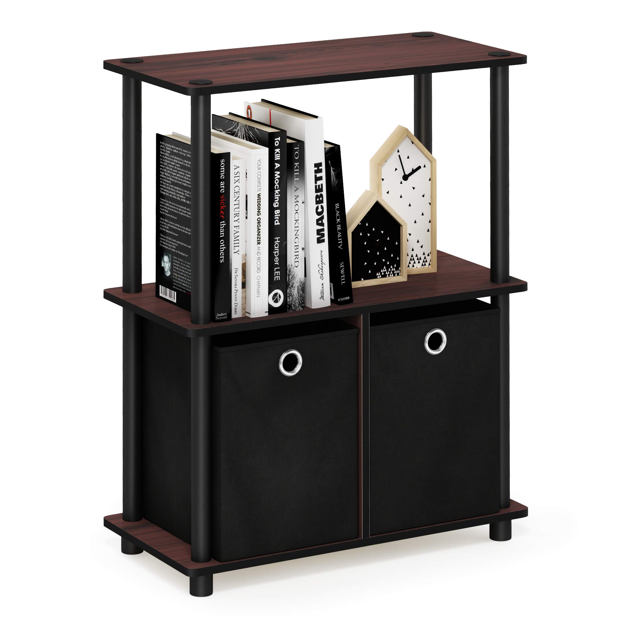 Furinno TURN-N-TUBE Storage Shelves, 3-Tier Toolless Book Shelf with Storage Bins, Display Shelf, for Organization and Storage, Living Room, Garage, Home Office, Dark Cherry