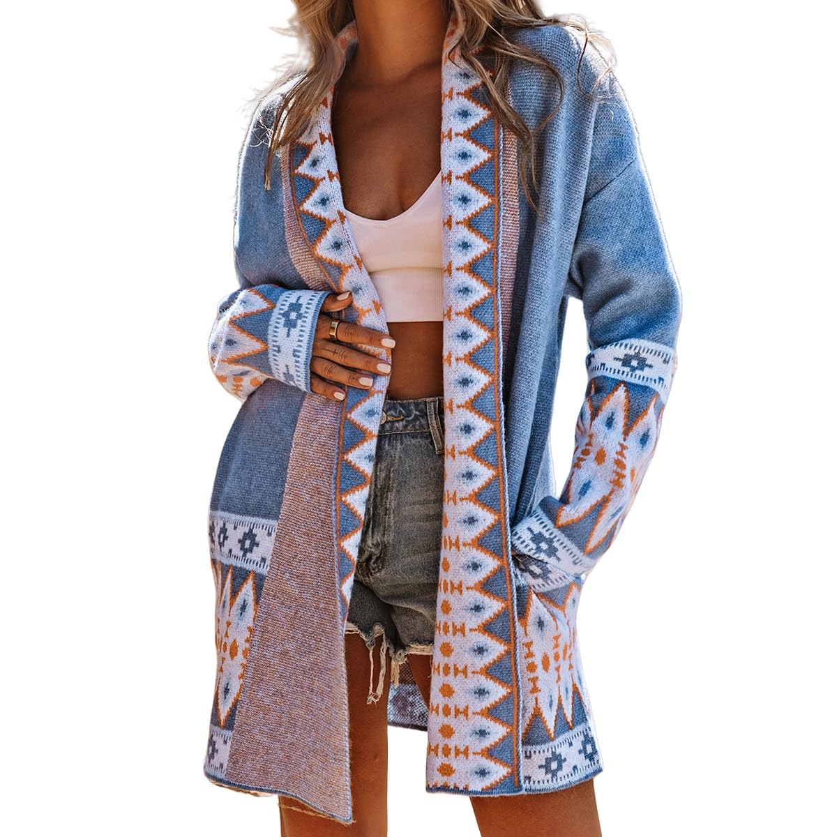 Chaqueta De Punto Mujer, Cárdigan De Punto para Mujer, Abrigo De Manga Larga con Frente Abierto, Abrigo De Punto con Cable con Gráfico Étnico Negro Vintage con Bolsillos, Chaqueta Infor