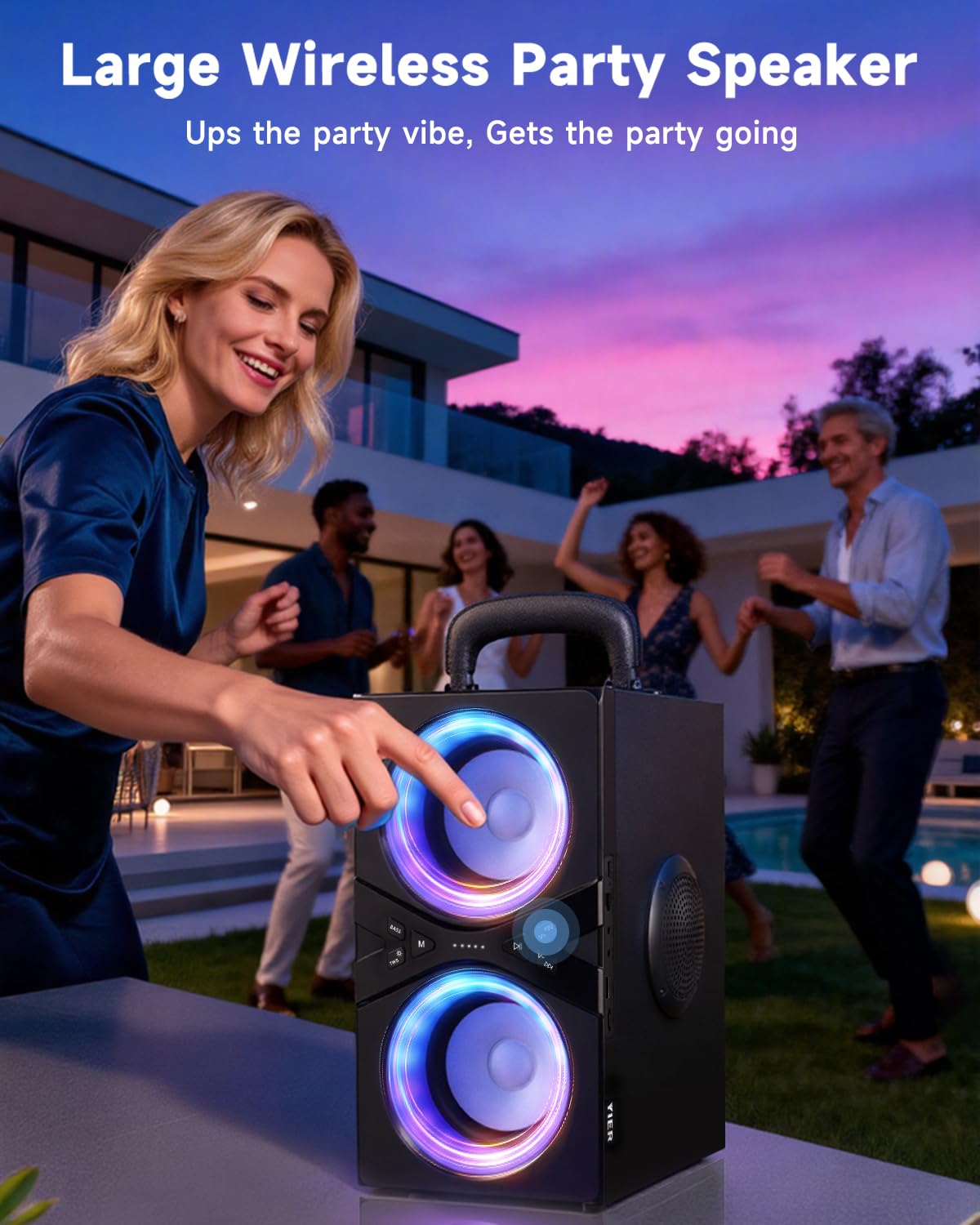 YIER Party Bluetooth Speaker:80W Peak Large Stereo Sound for Outdoor,Deep Bass,TWS,Loud with Lights,Portabe Wireless Big Speakers with Long Playtime,House,Projector,Movie — view 2