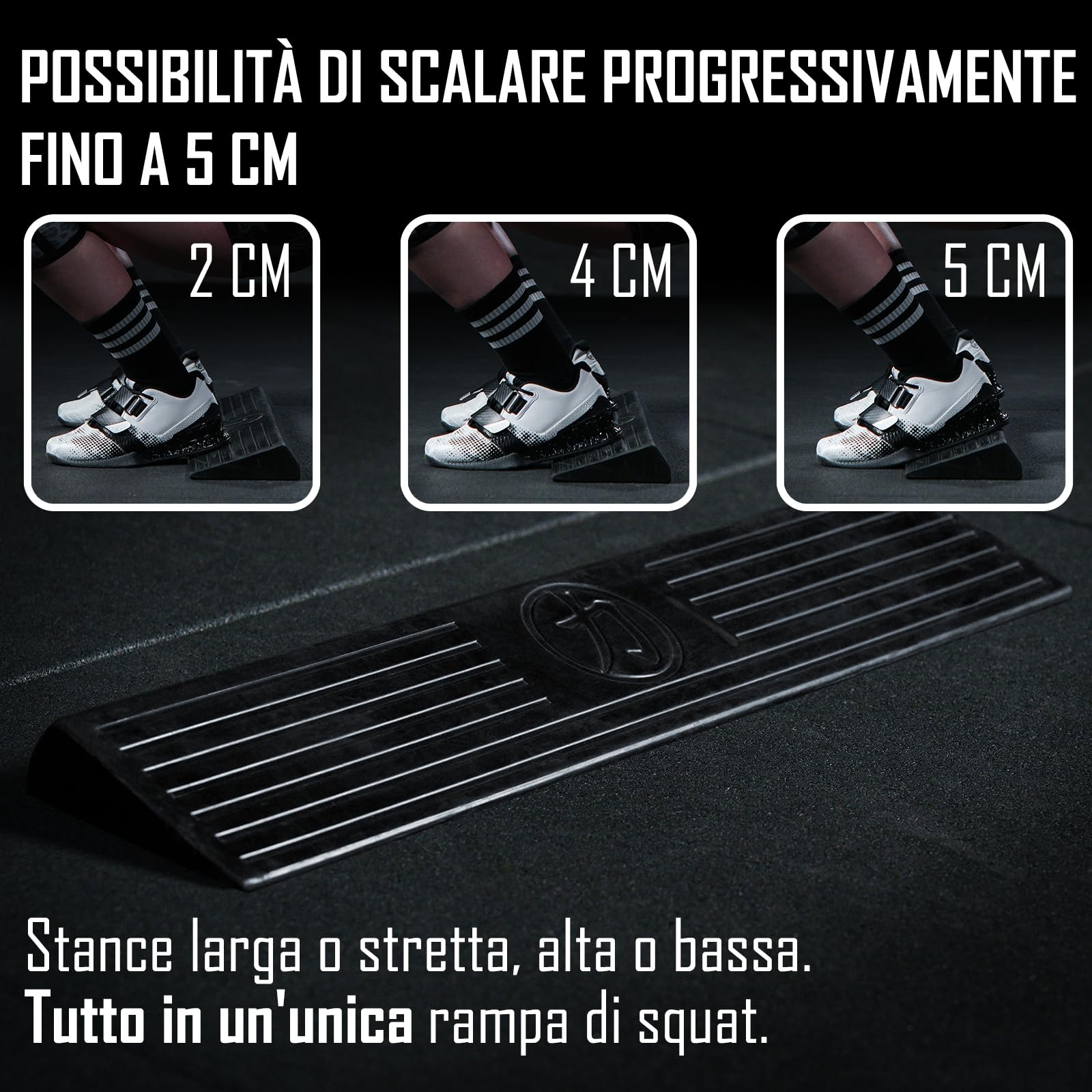 Rampa Per Squat In Gomma Piena - Pedana Inclinata Antiscivolo, 70x14 Cm, Sollevamento Tallone Regolabile 1-5 Cm, Portata 350 Kg
