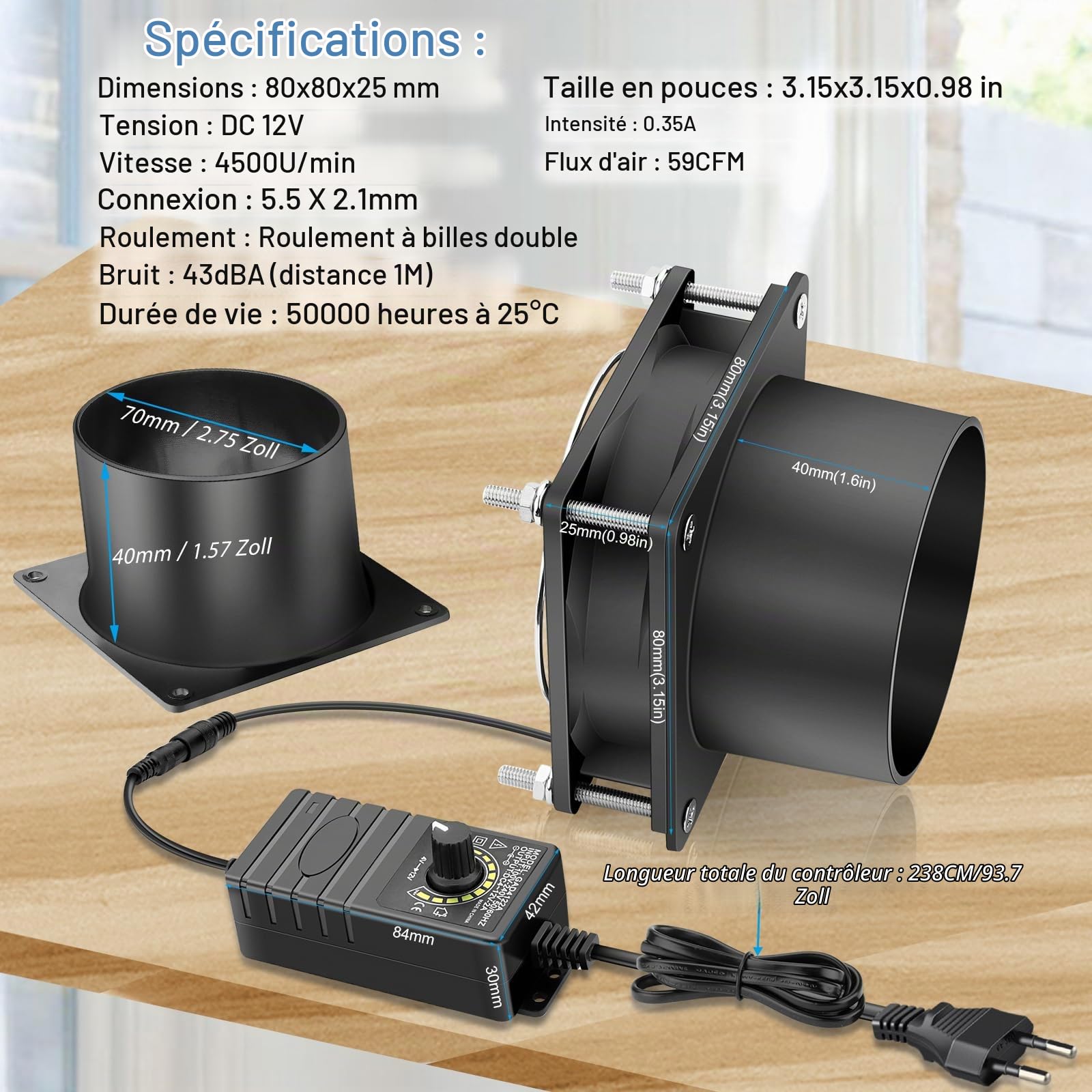 GDSTIME Ventilateur Axial 80mm 12V DC Ventilateur de Conduit 80mm x 25mm 12V à Roulement à Billes 4500 tr/min Avec régulateur de vitesse pour PC