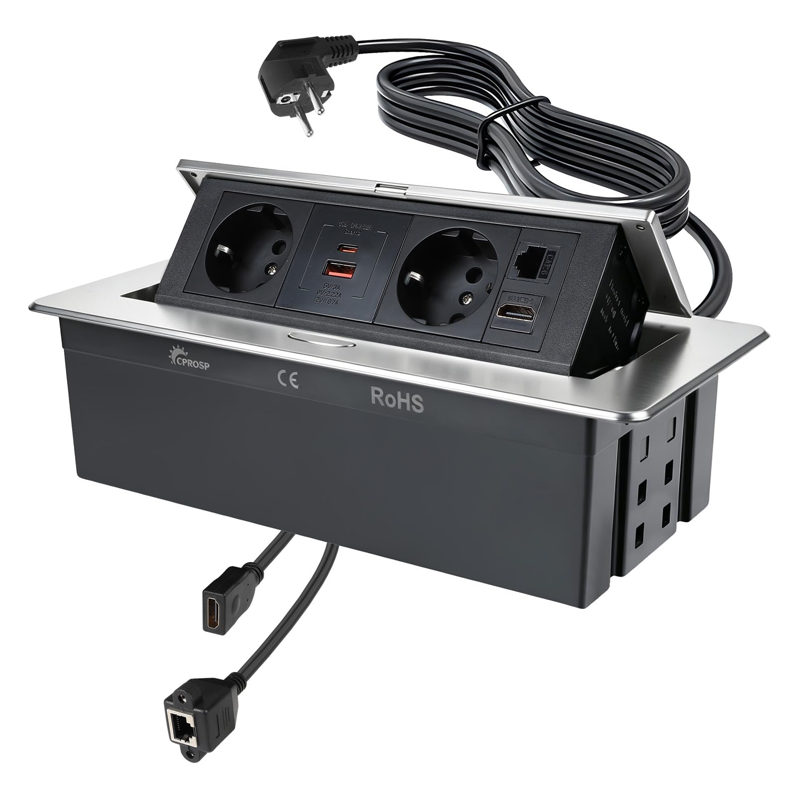 CPROSP Multiprise Encastrable avec 2 Prises, USB (A+C), HDMI 2.0 et RJ45