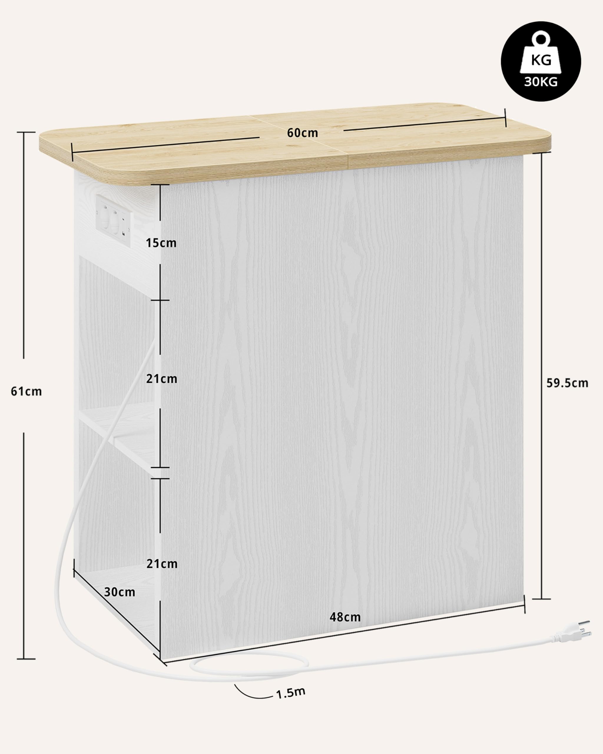IRONCK Nachttisch schmal, Beistelltisch mit Steckdose 2 AC, 2 USB-Anschlüsse, Holz Sofatisch, Couchtisch mit Flip geheimfach, 2 offene Fächer, Nachtschrank für Wohnzimmer, Schlafzimmer,Weiß