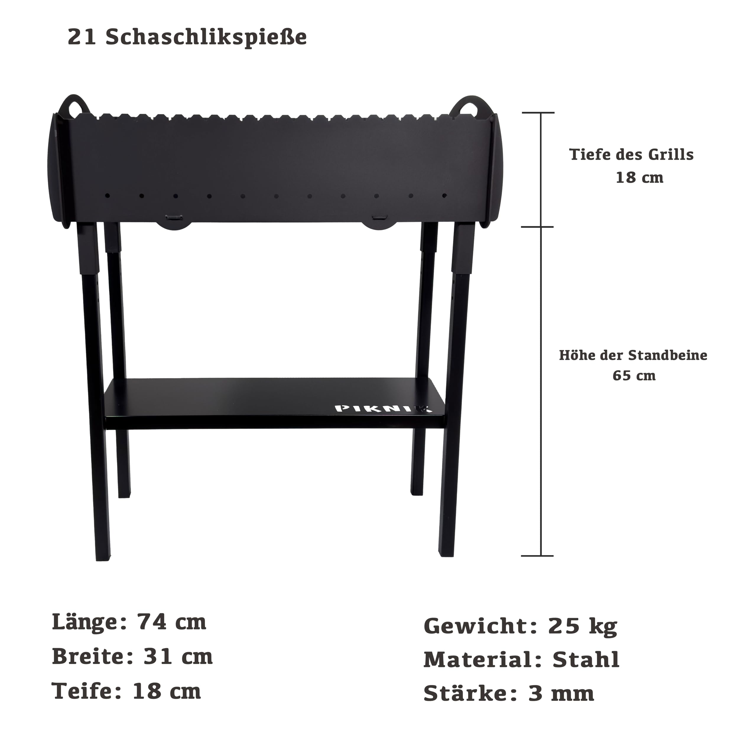 Gartengrill | Schaschlikgrill für 21 Spieße – Massiver Holzkohlegrill aus 3 mm Stahl, zerlegbar & kompakt verstaubar, stationärer Metallgrill für Garten, Terrasse & Outdoor BBQ