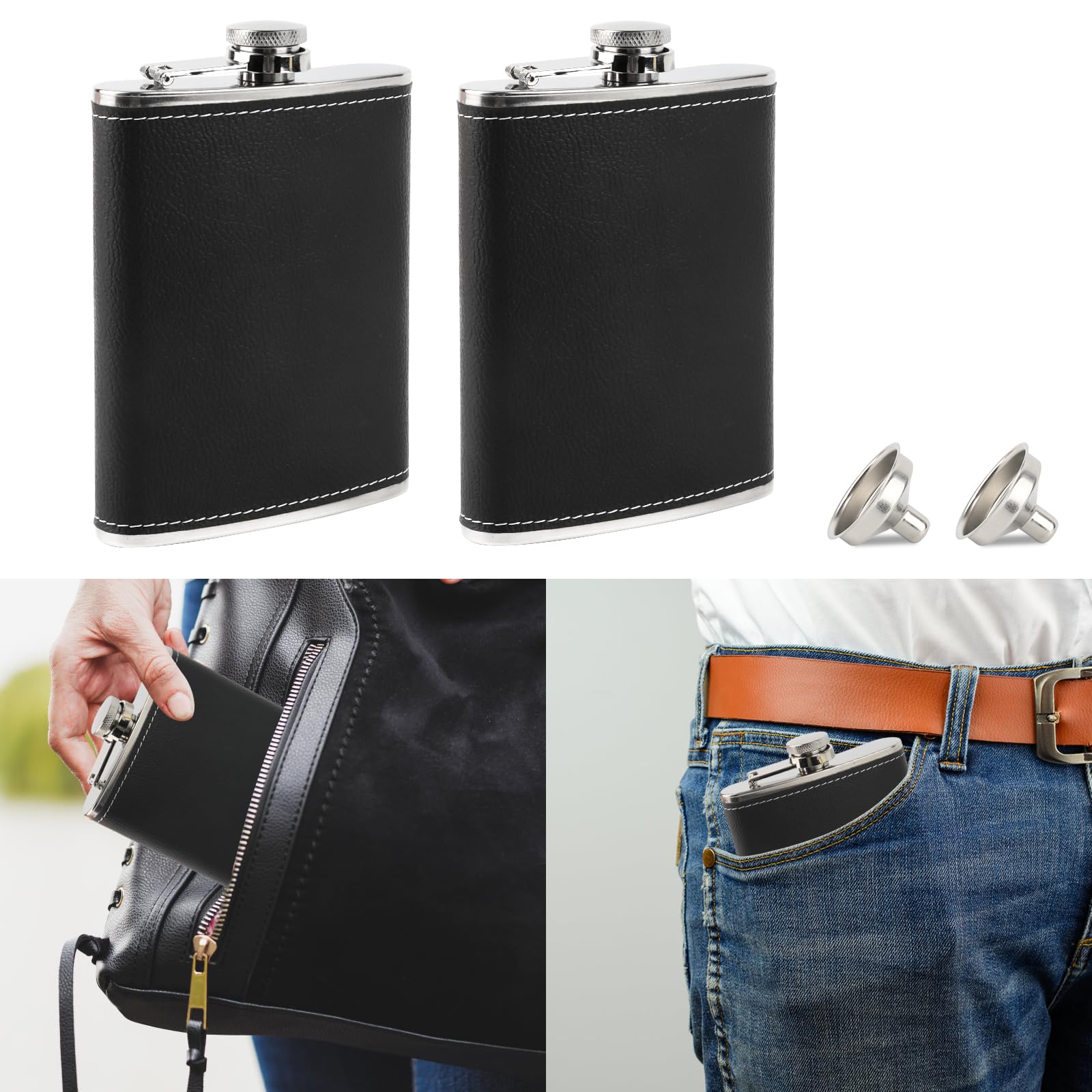 2 Fiaschetta Tascabile e 2 Imbuto, Set di Fiaschette in Acciaio Inossidabile, RISVOWO 8 oz / 227 ML Fiaschetta Whisky per Liquori, Portatile Hip Flask, per Bar, Campeggio, Picnic