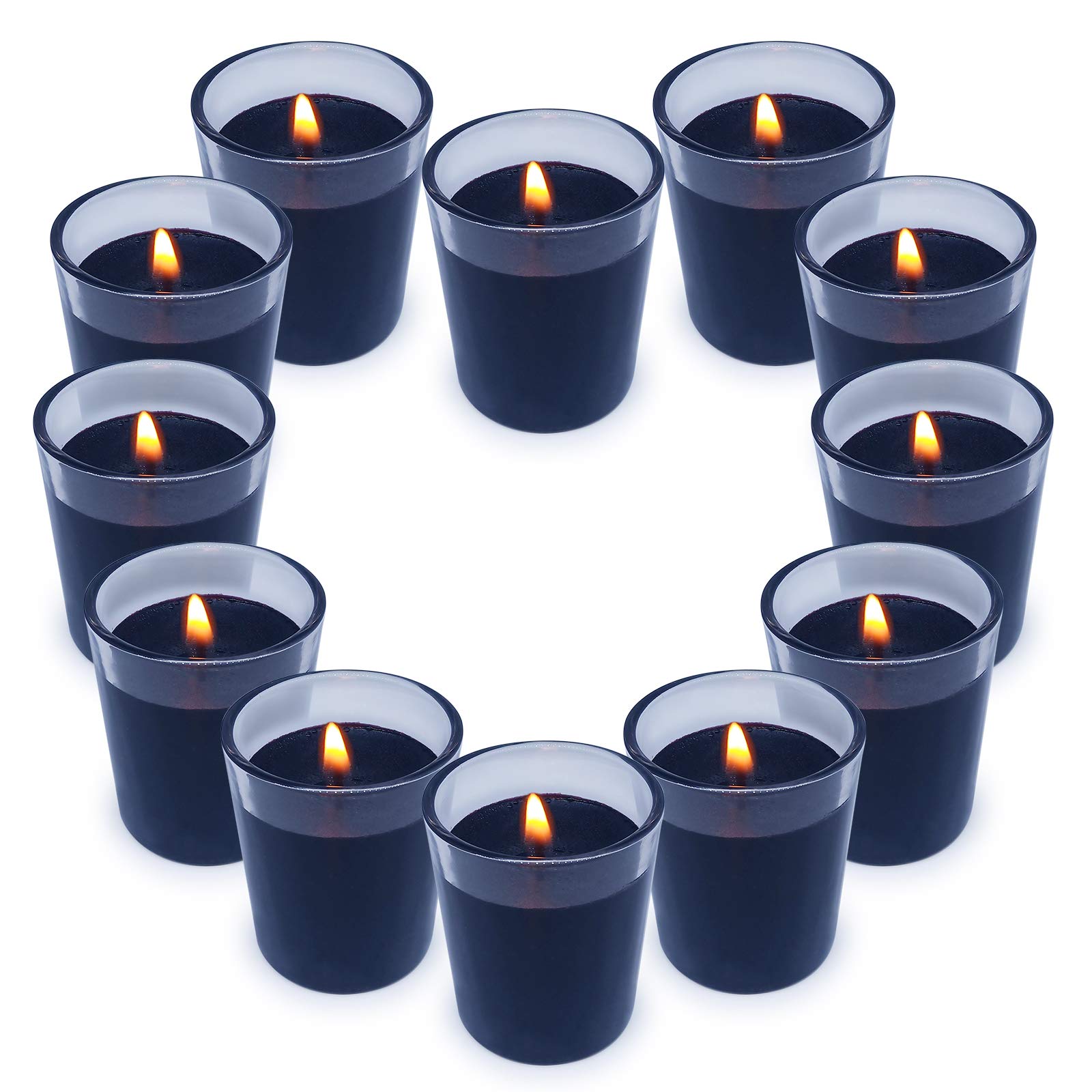 12 Pack Black Votive Candles with Clear Decorative Glass Holders, Unscented Soy Wax Candle Set, Decorations for Dinner Wedding Halloween Holiday