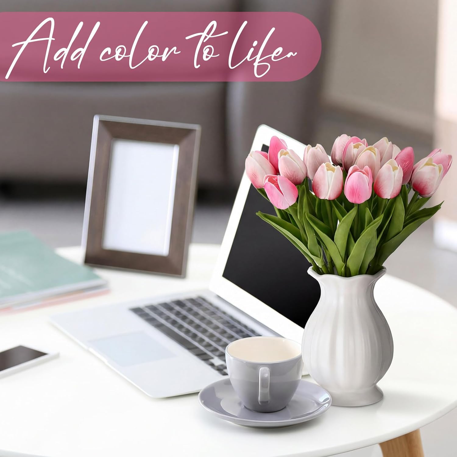 Janinka 45pcs Artificial Tulip Flowers Fake PU Tulips Faux Latex Bouquet Flower Centerpieces Arrangement Floral for Mother Day Wedding Spring Decorations (Pink)