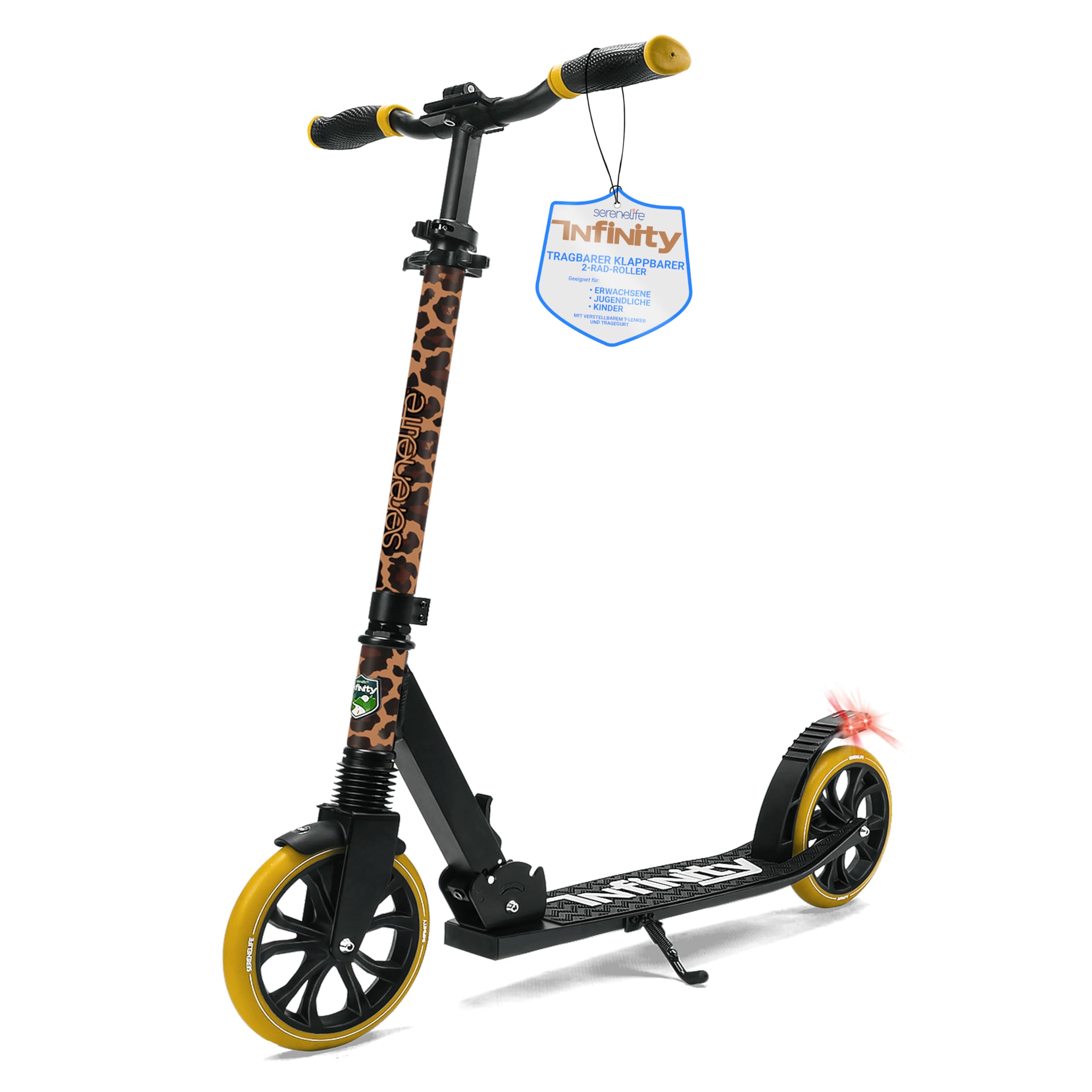 SereneLife Roller, Stabiler Cityroller, Höhenverstellbarer Big Wheel Scooter, Klappbar Inkl. Tragegurt, Ständer & Trittbremse, für Kinder & Erwachsene bis 100kg
