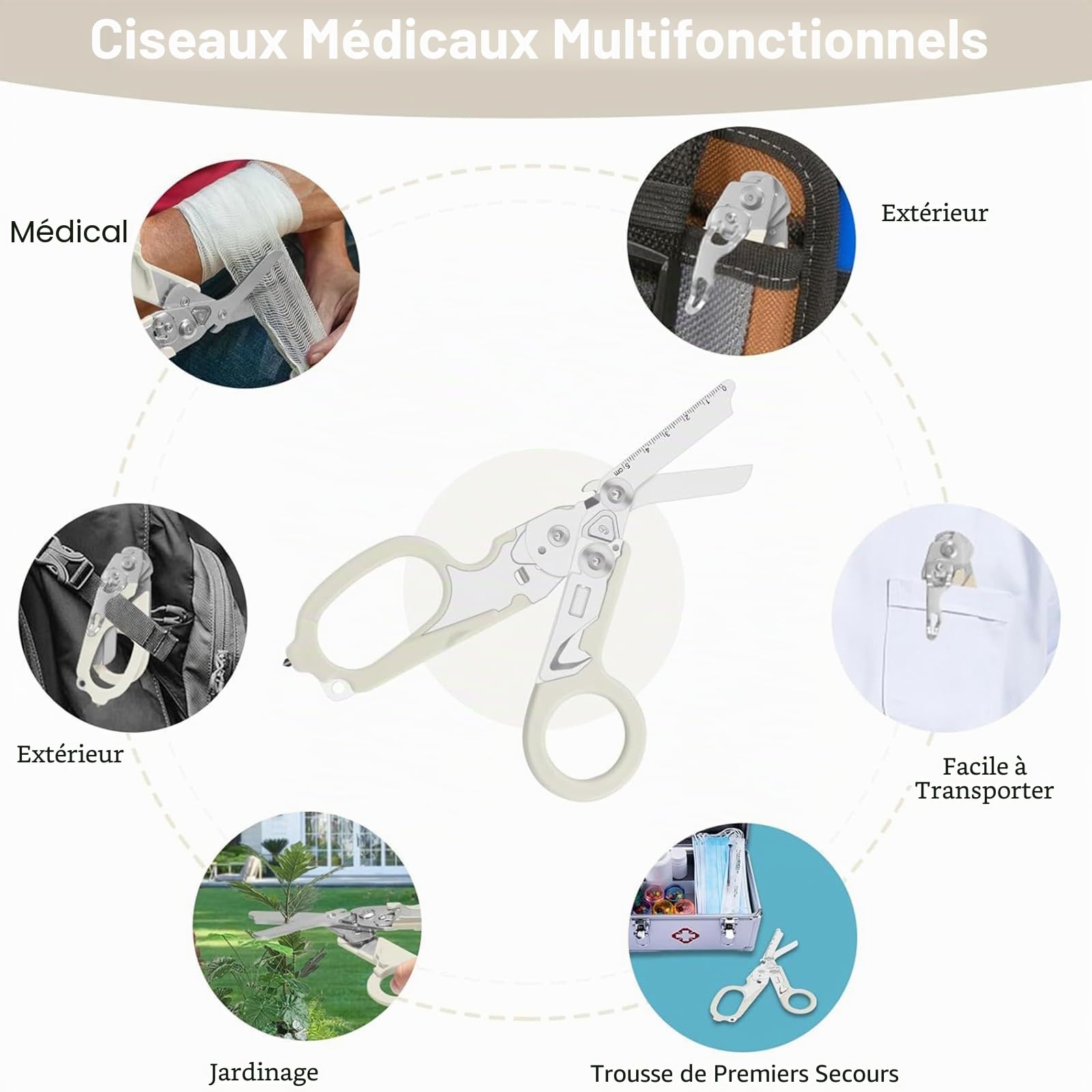 Ciseaux de sauvetage Ciseaux Traumatologiques Ciseaux de Traumatologie Pliables 6 en 1 Ciseaux D'urgence Pour Services Professionnels De Sauvetage, Camping En Plein Air (Blanc)