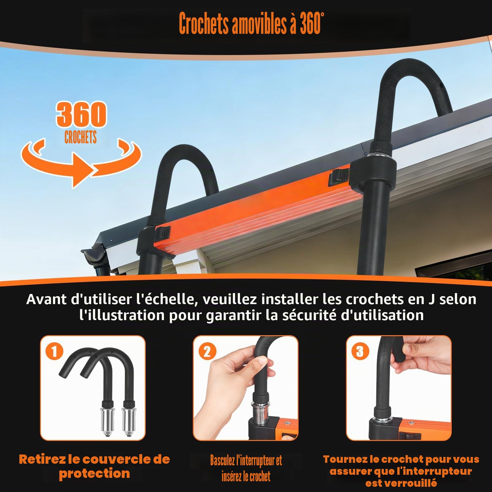 Echelle Telescopique, Échelle Retractable Extensible 4,4M, Orange-Noir | Haute Qualité avec Stabilisateurs et Crochet Amovible, Échelle Droite Robuste et Portable, Maison, Camping‑cars et Greniers