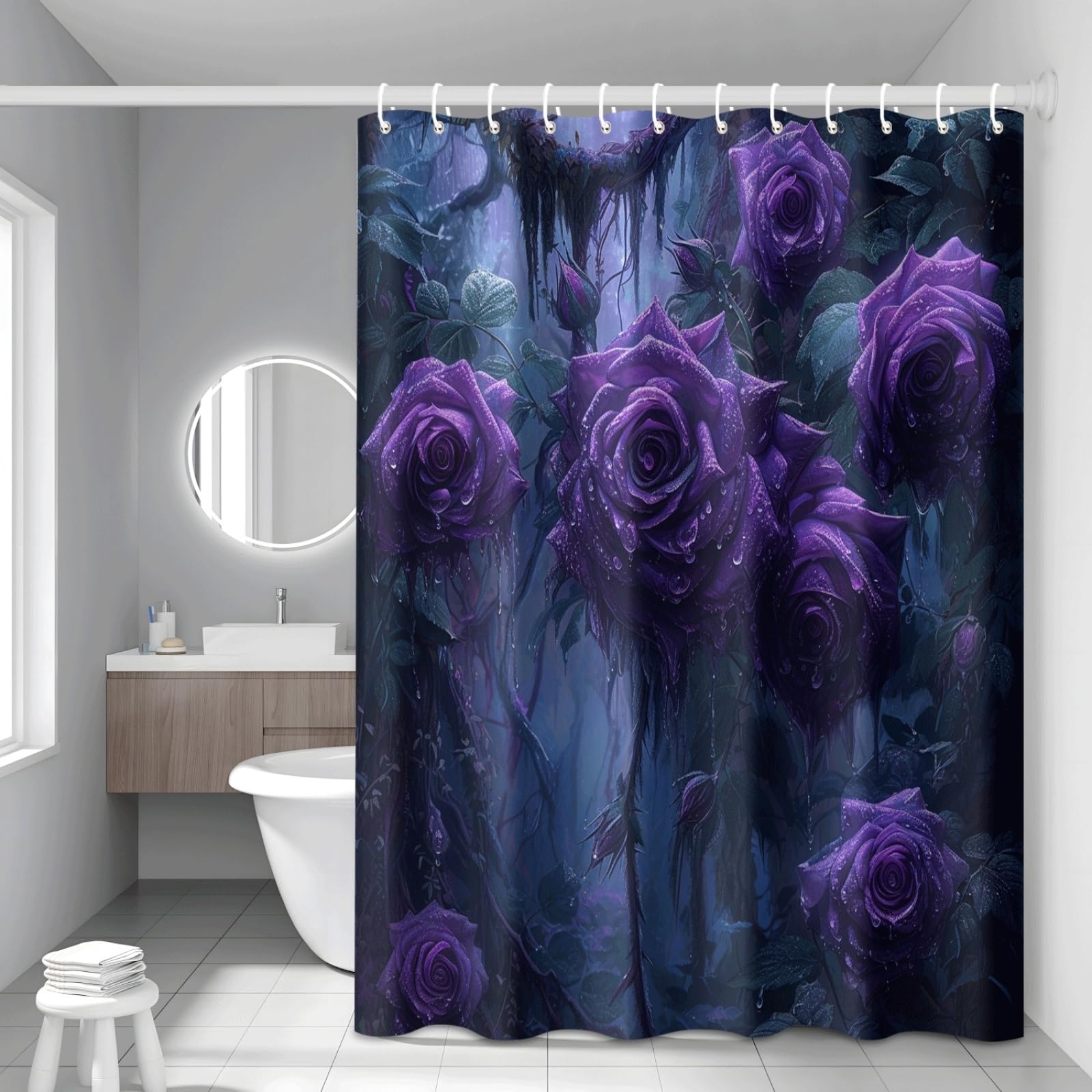Rideau douche rose anti éclaboussure grand format avec crochets