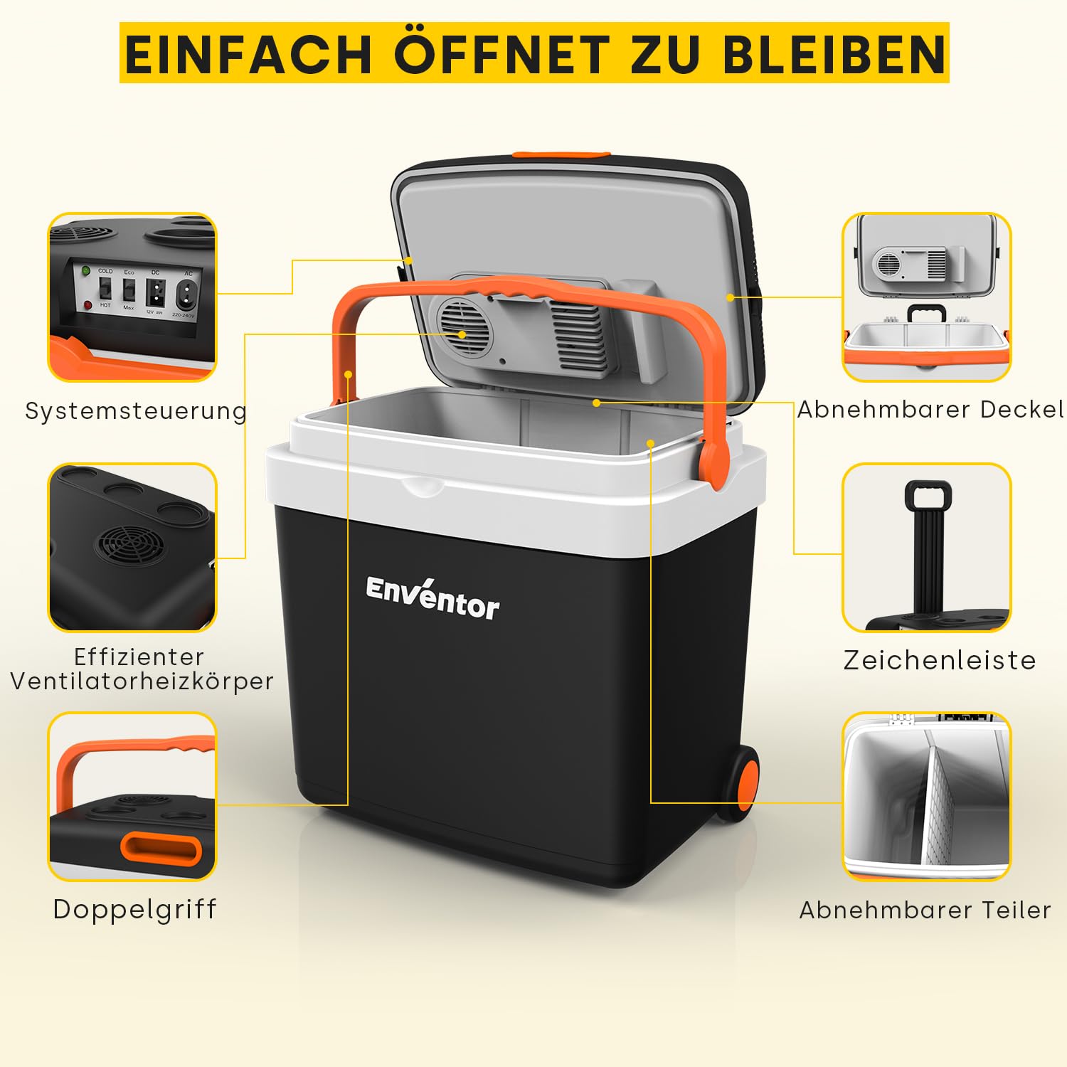 Enventor Kühlbox mit Rollen 33 Liter, 12V 230V, ECO Modus