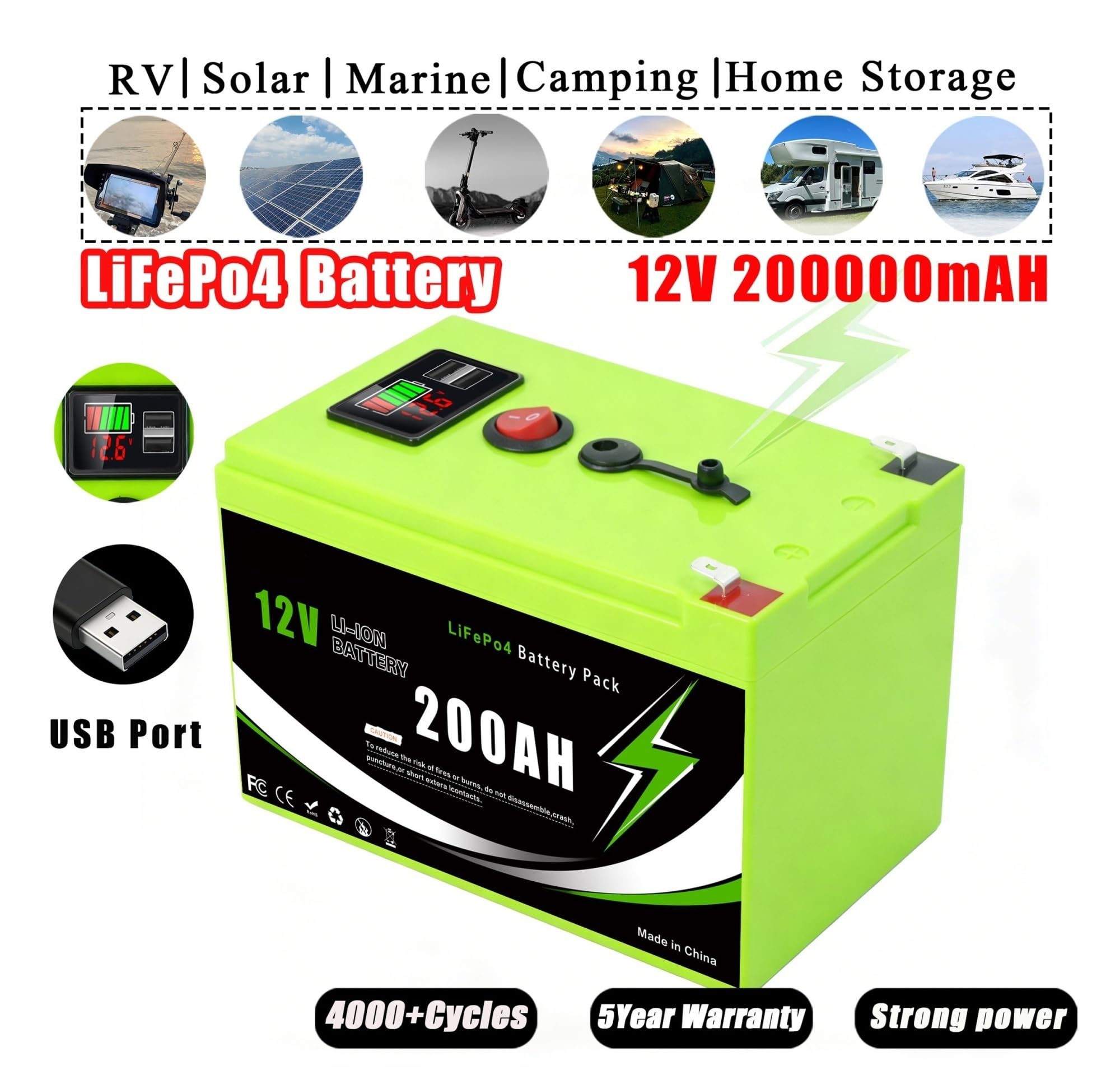 Batteria Solare A Ciclo Profondo Al Litio Da 12 V 200 Ah, | BMS integrato, perfetto for sistemi solari, camper, alimentazione in cabina di barche(160A Portable Pow-Ch)