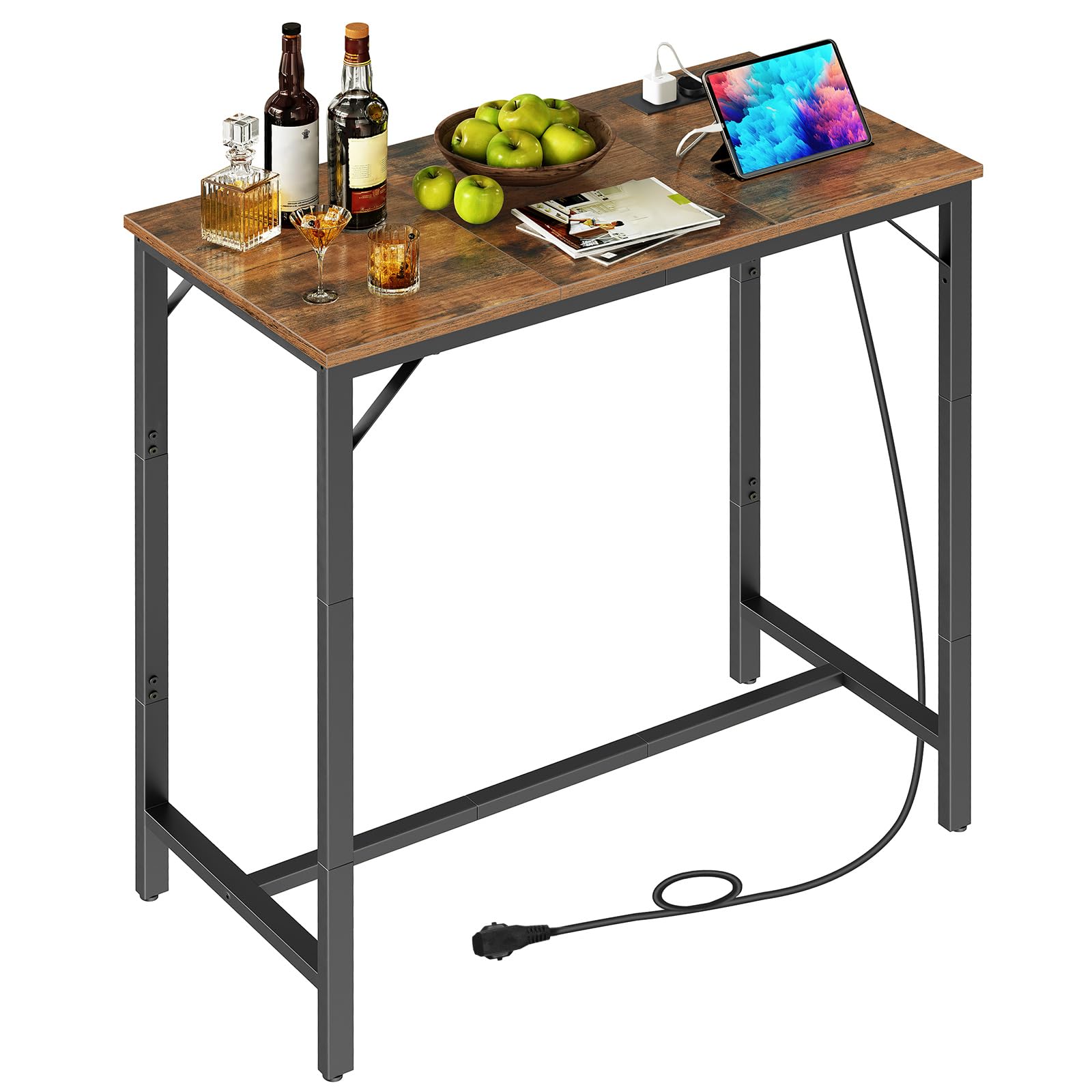 HOOBRO Bartisch mit Ladestation, Küchentisch, rechteckiger Stehtisch, untere Querstrebe, dreieckige Stützstruktur, Langer schmaler Bartisch, Vintage-Stil, rustikales Braun EBF90CBT01