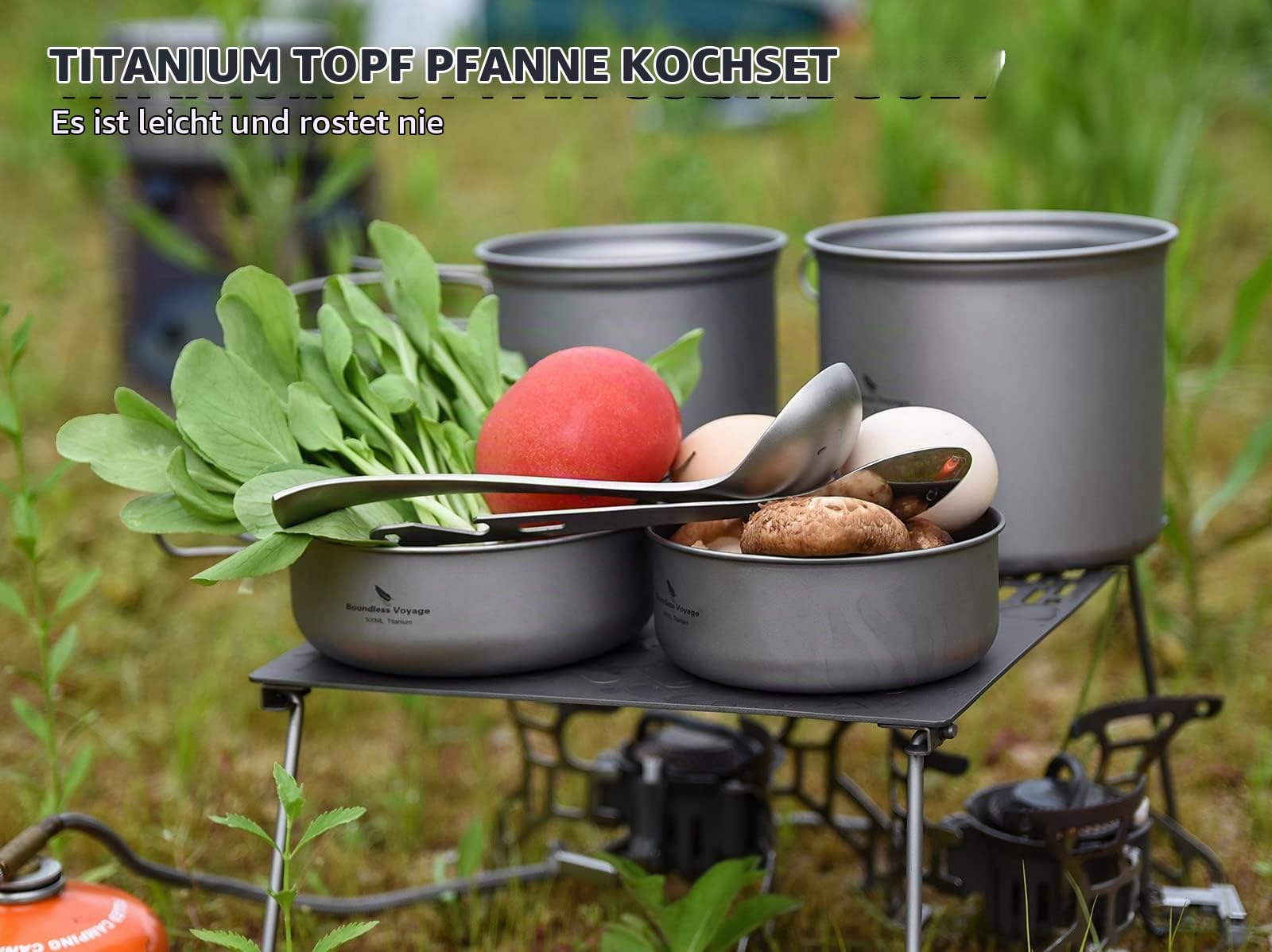 iBasingo Camping Topf & Pfannen Set Titan Kochgeschirr Set mit Klappgriff Outdoor Leichte Küche Kochutensilien Wandern Tragbare Schüssel Tasse Küchenutensilien Reise Picknick Geschirr