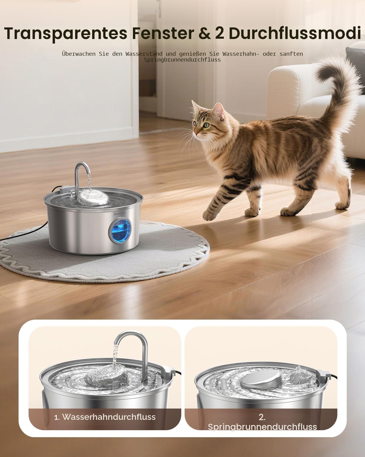 Invengo Katzenbrunnen Edelstahl, 3.2L Ultra-Leiser Trinkbrunnen für Katze mit Wasserstandsanzeige und 5-Fach Filtersystem - Haustierbrunnen für Katzen und Kleine Hunde, Inklusive 4 Ersatzfiltern