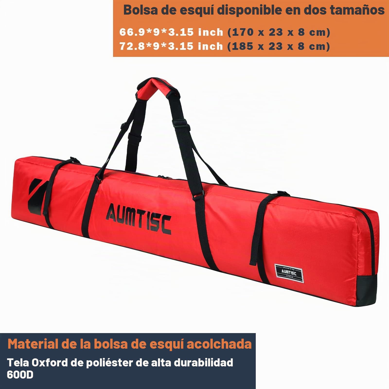 AUMTISC Bolsas para Kit de esquí Bolsa de Deportes de Invierno de Viaje Individual Acolchada para Transportar esquís Bolsillo para Equipo con asa Ajustable 170 185 cm