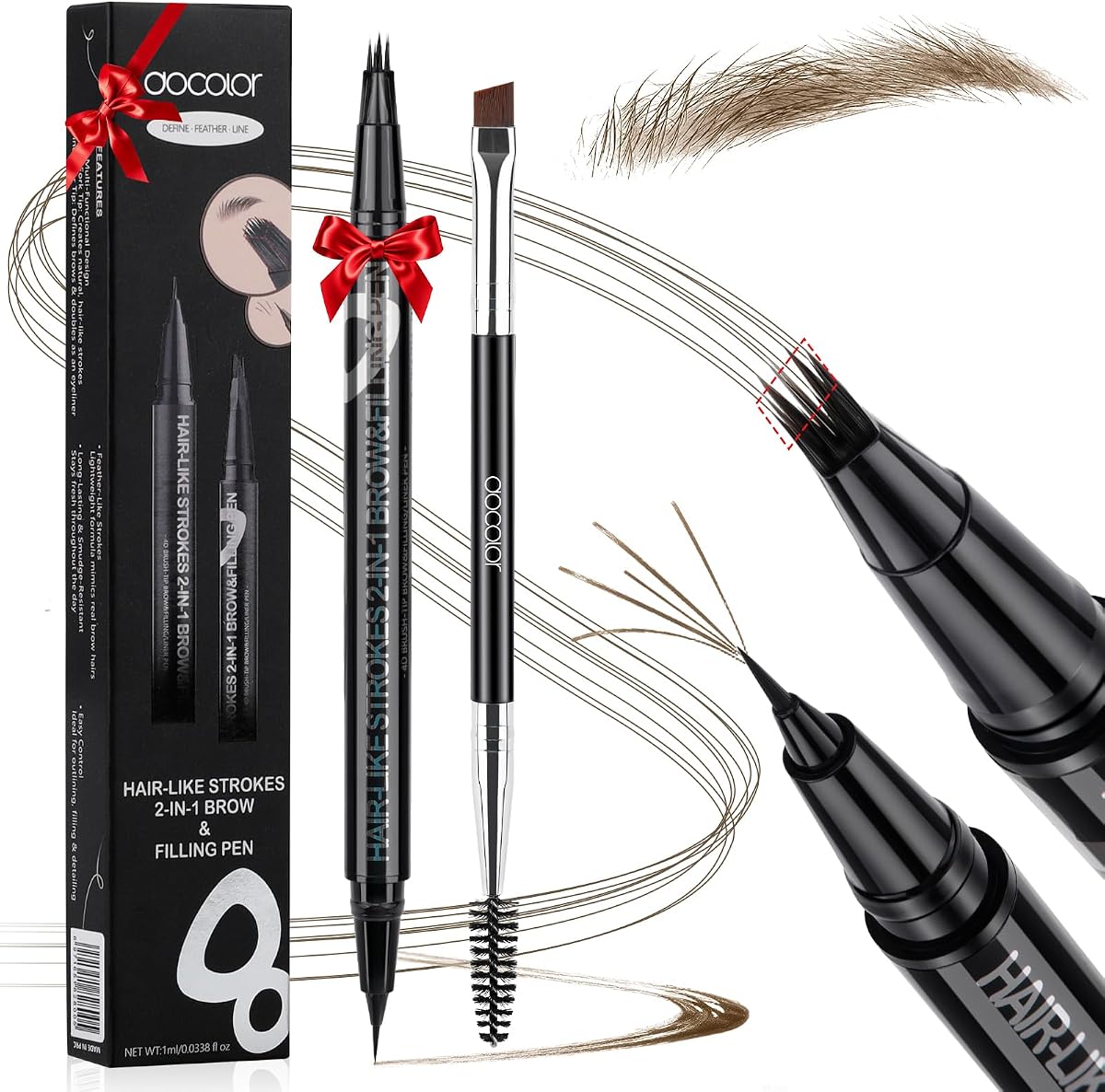 docolor lápiz de cejas, lápiz de cejas 2 en 1, lápiz de cejas y relleno con trazos similares a pelo/delineador de ojos, punta de cepillo de doble punta, lápices de cejas Microblading 4d para mujeres, impermeable, con cepillo para cejas (marrón cálido)