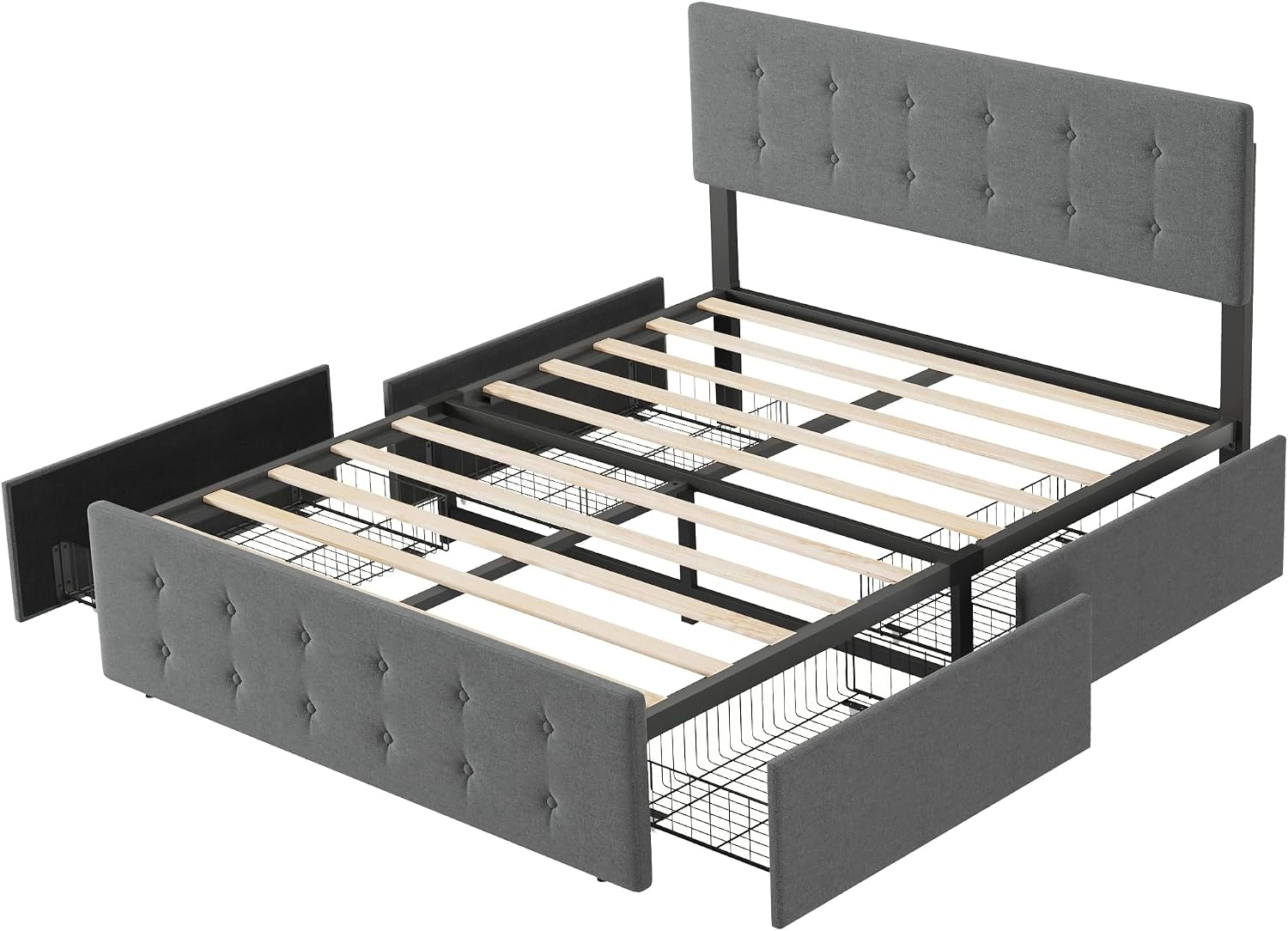 Assembled bed frame without mattress, showing wood slats and metal support structure.