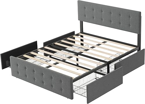 Miniatura 7 de GAOMON Base de cama Queen con almacenamiento, marco de cama tapizado gris tamaño Queen con 4 cajones y cabecera ajustable copetuda, no necesita