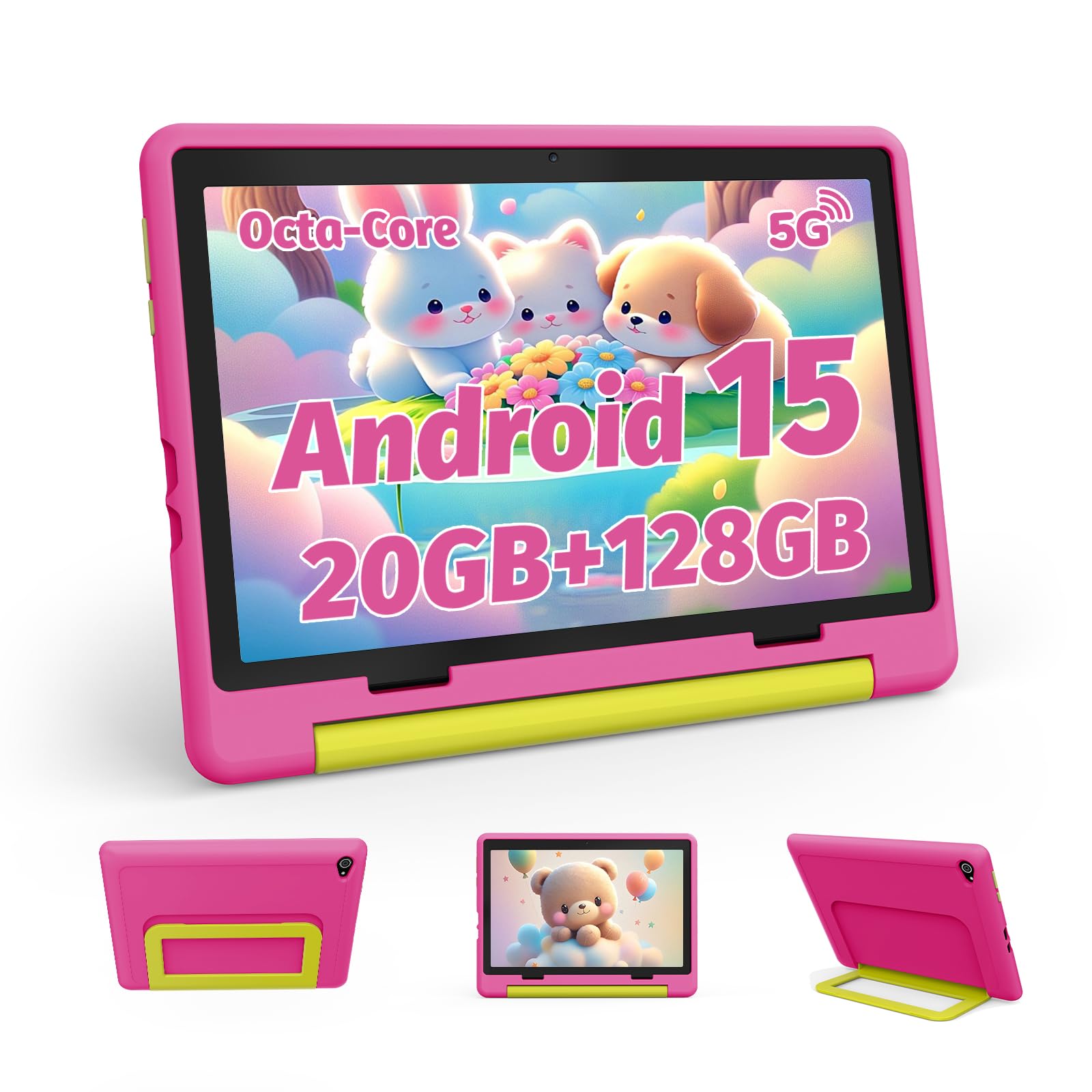 Ainmel 10 inch Kids Tablet with Case, Android 15 Tablet for Kids Ages 3-12 Years, 20GB+128GB(1TB TF Expand), Octa-Core Processor, Parental Controls, WiFi 6, BT5.3,Preloaded Edu Apps (Pink)