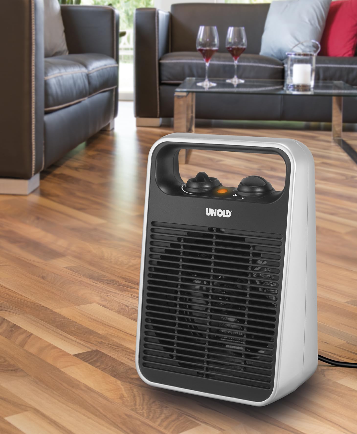 Unold 86106 Heizlüfter Handle - Schwarz/Silber, 1000 Watt, 4 Stufen-Schalter, Ventilatorfunktion, Warmluft, Heißluft, leicht und leise, Tragegriff, Überhitzungsschutz, mobile & kompakt