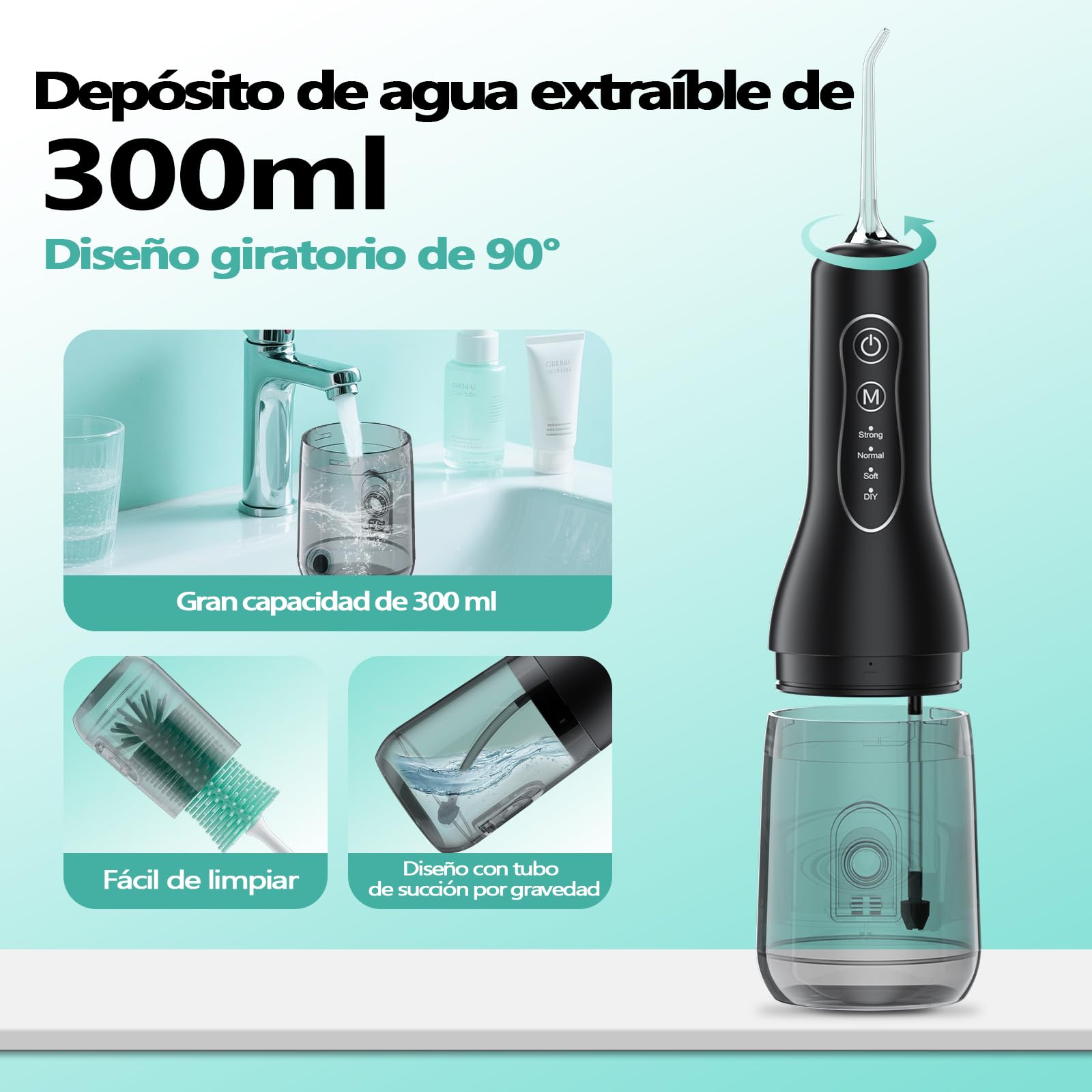 Irrigador Bucal Portátil Inalámbrico 300ml, OasiSmile Irrigador Dental Eléctrico con 5 Boquillas, 4 Modos + Modo DIY Ajustable, Memoria Inteligente, IPX7 Impermeable, USB-C Recargable, Casa y Viaje