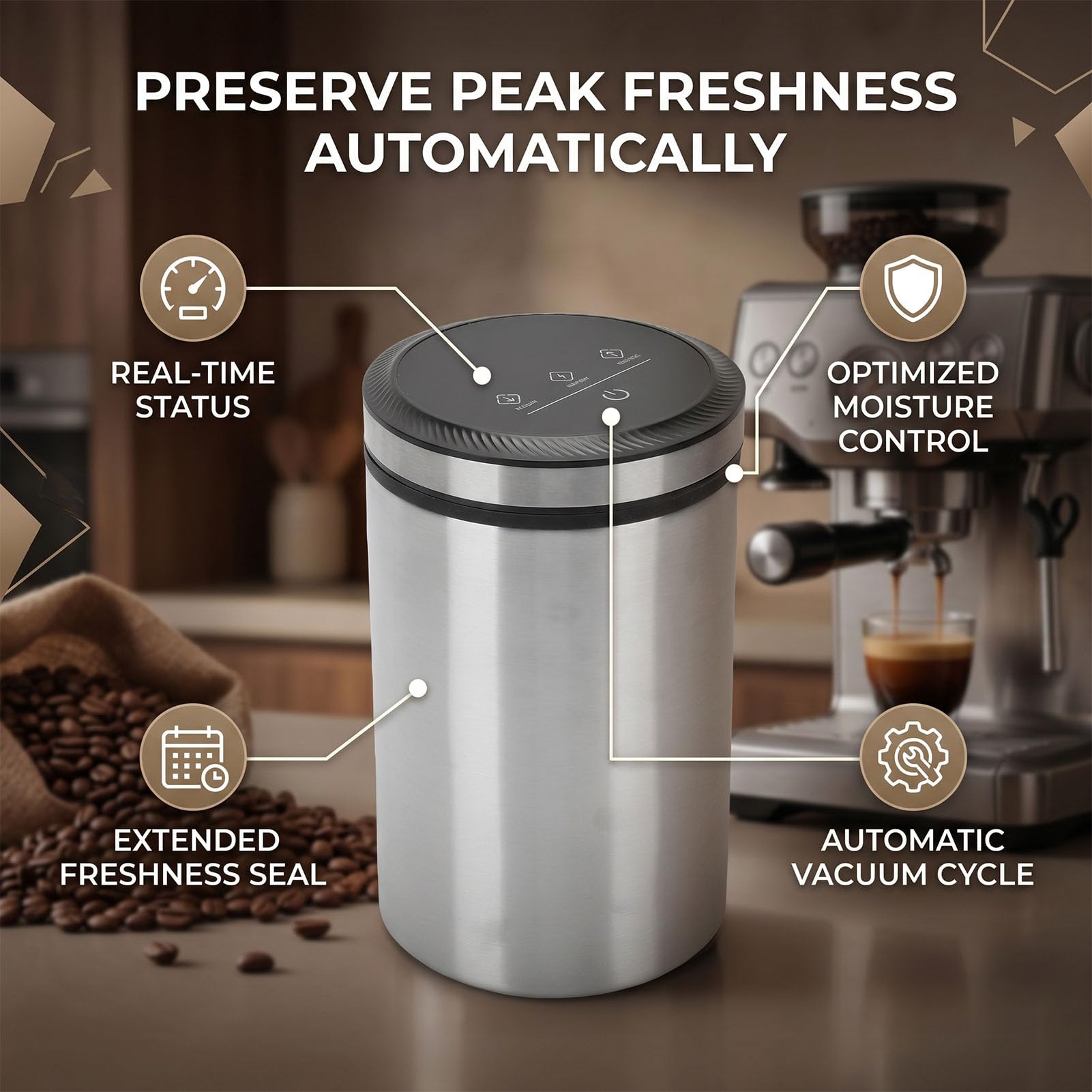 lyrlody Contenitore Automatico per caffè Sottovuoto Contenitore Ermetico per Alimenti in Acciaio Inossidabile 2000mAh per Chicchi di caffè Ricaricabile per Chicchi di Farina Domestica