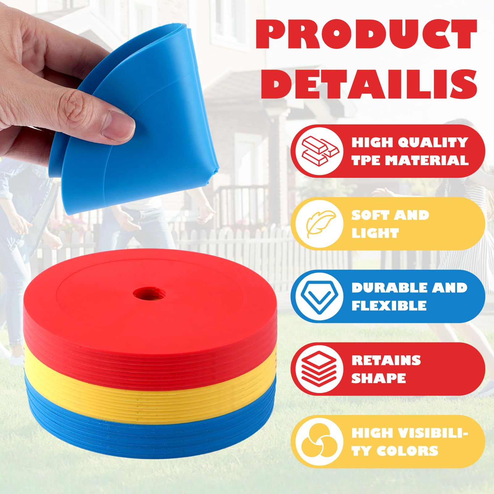 Lot de 32 cônes de marquage de 15 cm - 3 couleurs - Avec support de rangement et sac en filet - Cônes d'entraînement ronds pour football et athlétisme - 4