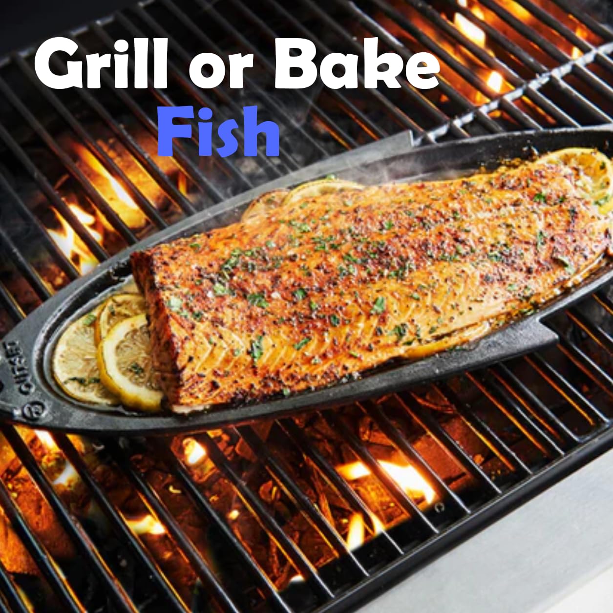 Outset 76376 ryba żeliwny grill i patelnia do serwowania czarna, 48 x 18,5 x 2,5 cm