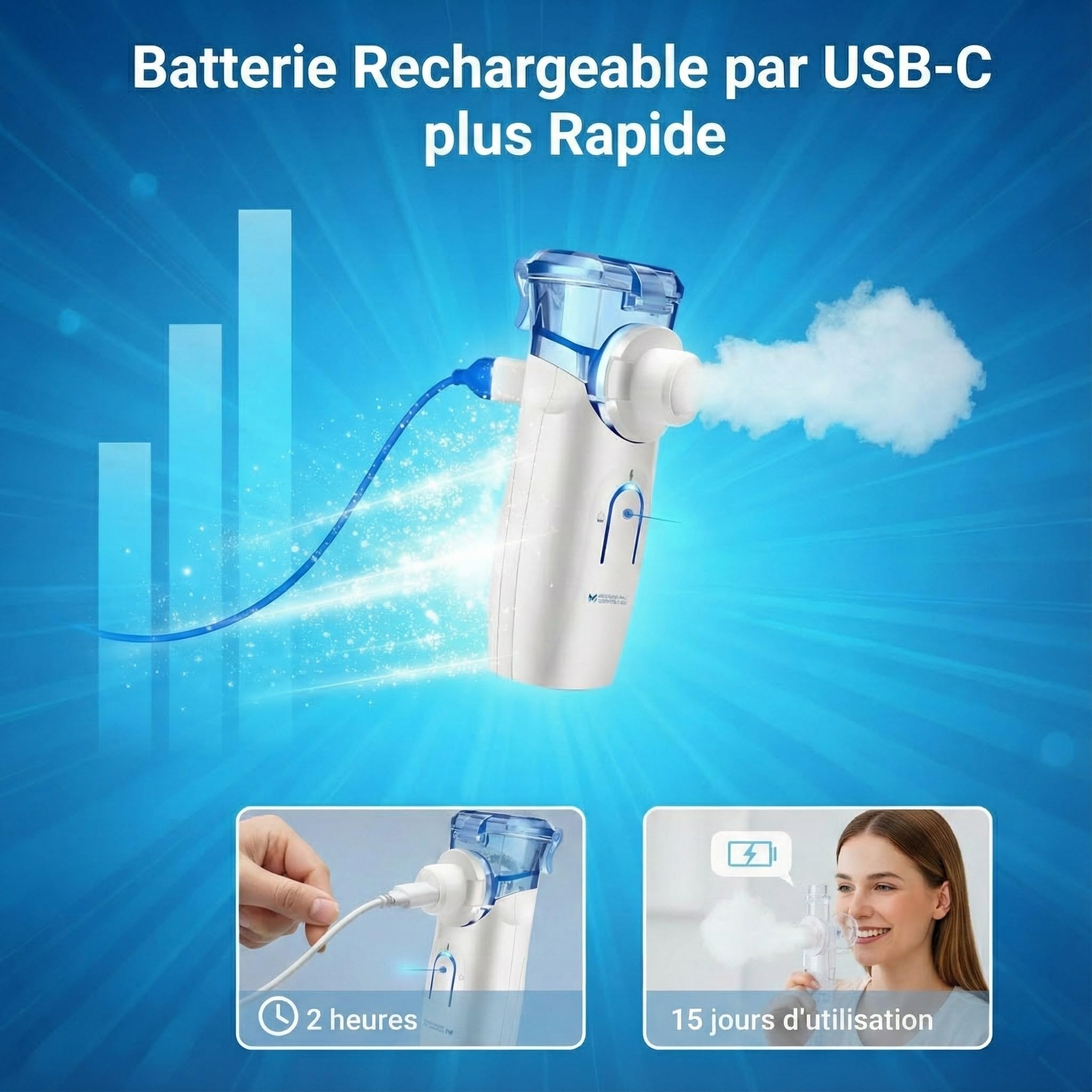 Medicinadellavoro.com - Nebulisateur Portable Silencieux Bebe et Adulte, Inhalateur Rhume Vapeur avec USB-C, Batterie Rechargeable et 2 Masques, Aerosol Medical Adultes Enfants Asthme et Bronchite