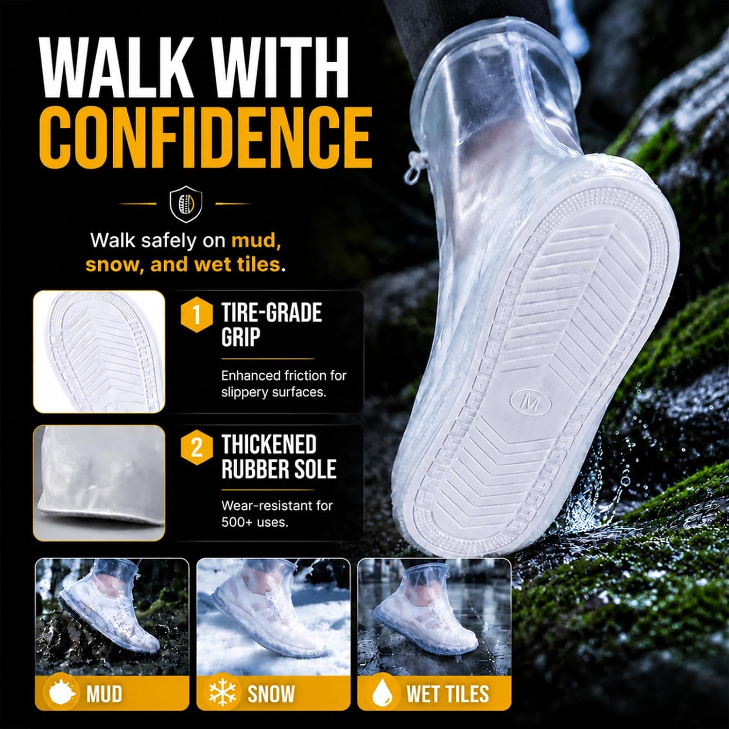5Pair Waterproof Shoe Covers, Reusable Non-Slip Rain Overshoes with Zipper, Foldable Shoe Protectors for Men Women Work Commute, Office, Walking, Rainy Days (White, X-Large)