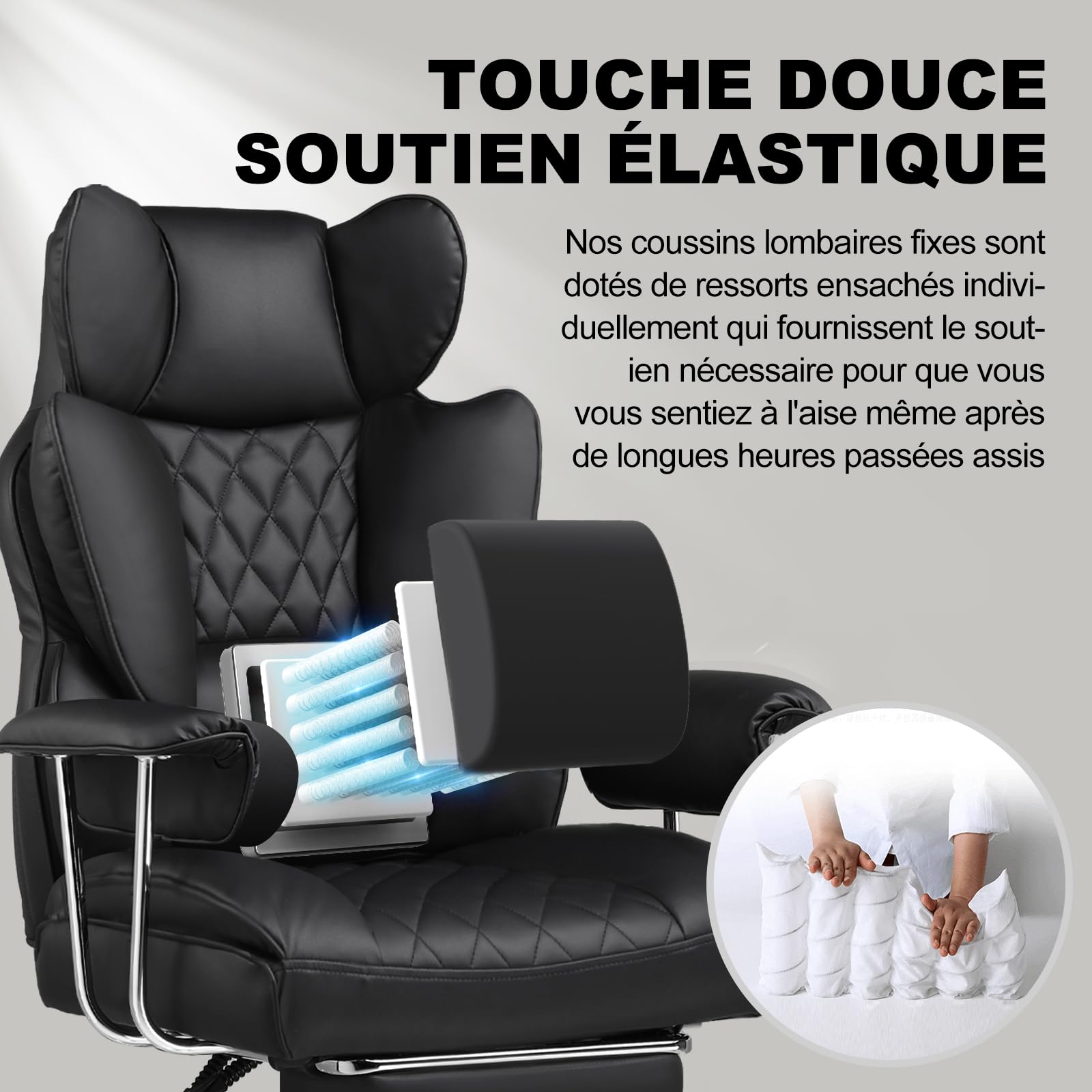 GTPLAYER Chaise Gaming, Bureau Soutien Lombaire Ressorts, siège Large accoudoirs Souple, Repose-Pieds, Hauteur réglable, Supporte 180 kg, Noir