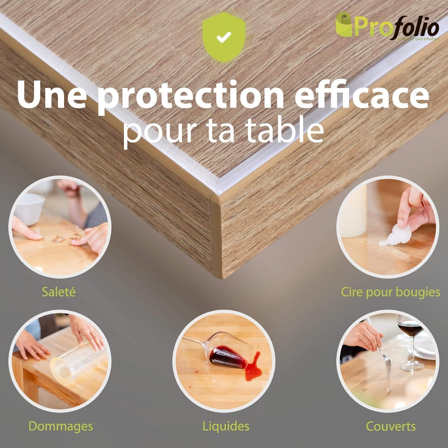 Profolio Film de protection de table rond et transparent avec bord en V biseauté - Nappe transparente brillante pour protection de table - Film transparent de 2 mm pour votre table - Diamètre : 130 cm