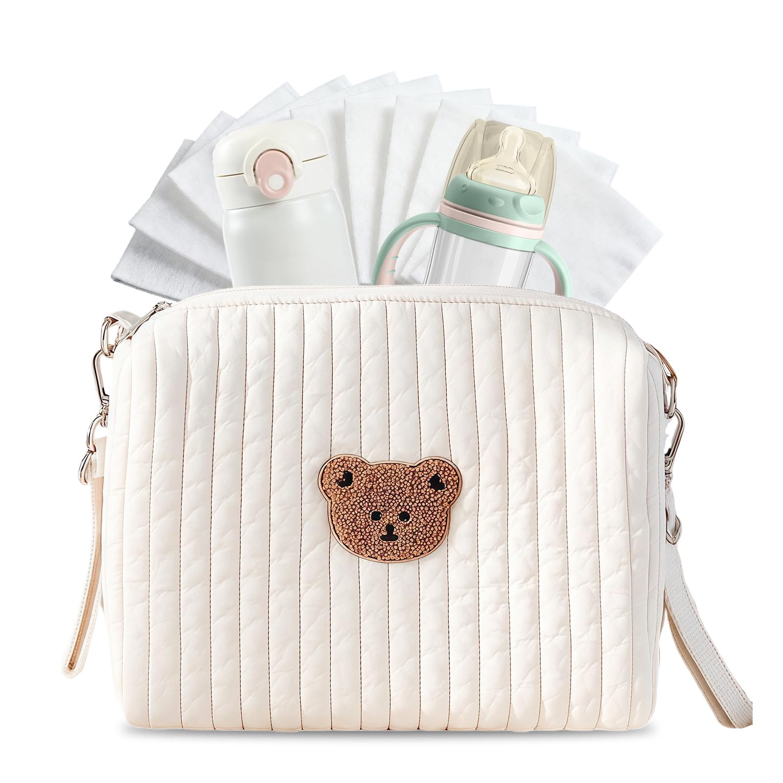 Sac à langer pour les déplacements, organisateur universel pour poussette, broderie ours, sac à langer en coton, mini sac à couches et sac pour poussette avec 2 sangles