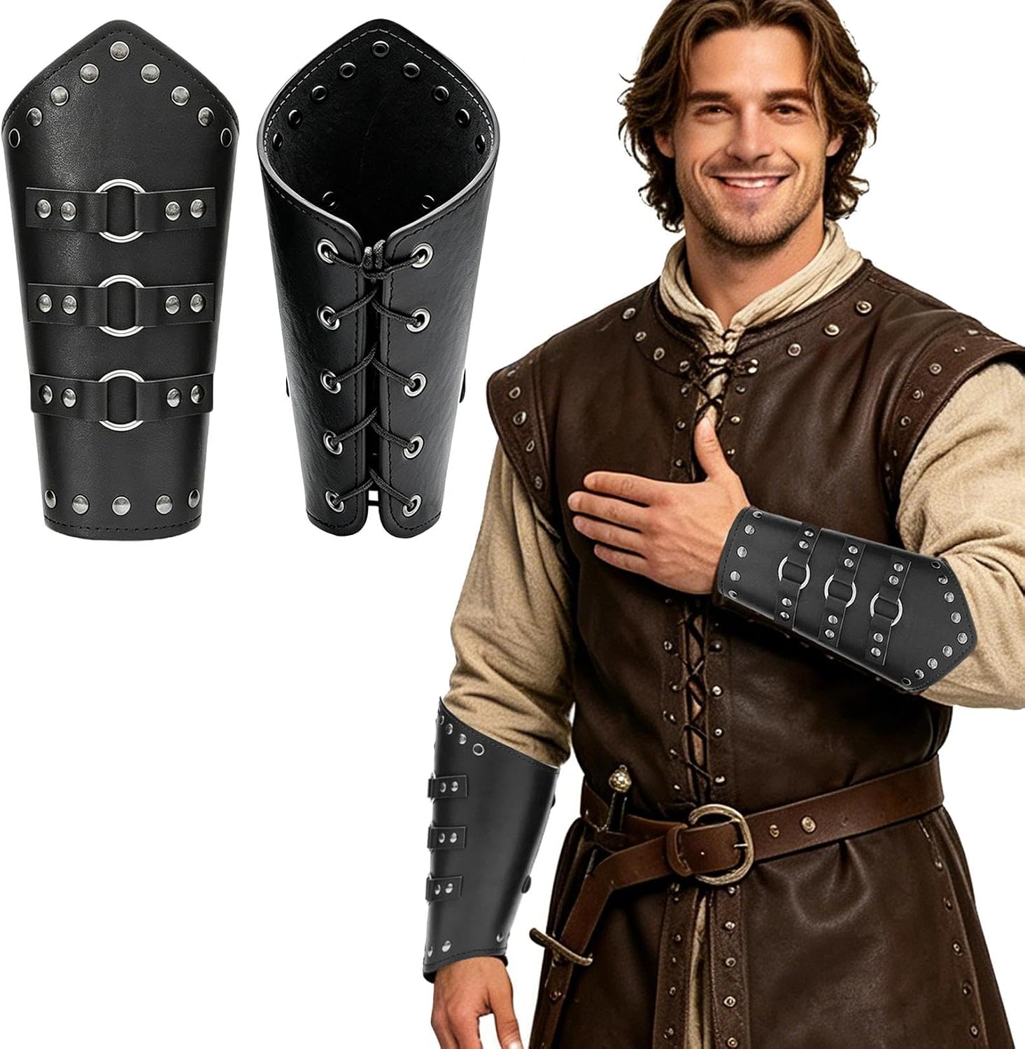 SQYBR Medieval Leather Bracers Pirate Gauntlets Lacing Up Arm Guards Adjustable Faux Leather Wrist Armor
