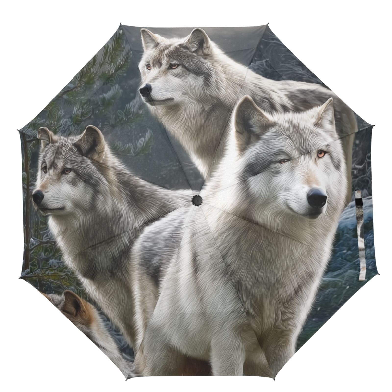 Windproof Travel Umbrella Wolf Folding Rain Umbrella Compact and Strong Automatic Open Close Vented Double Canopy for Men and Women