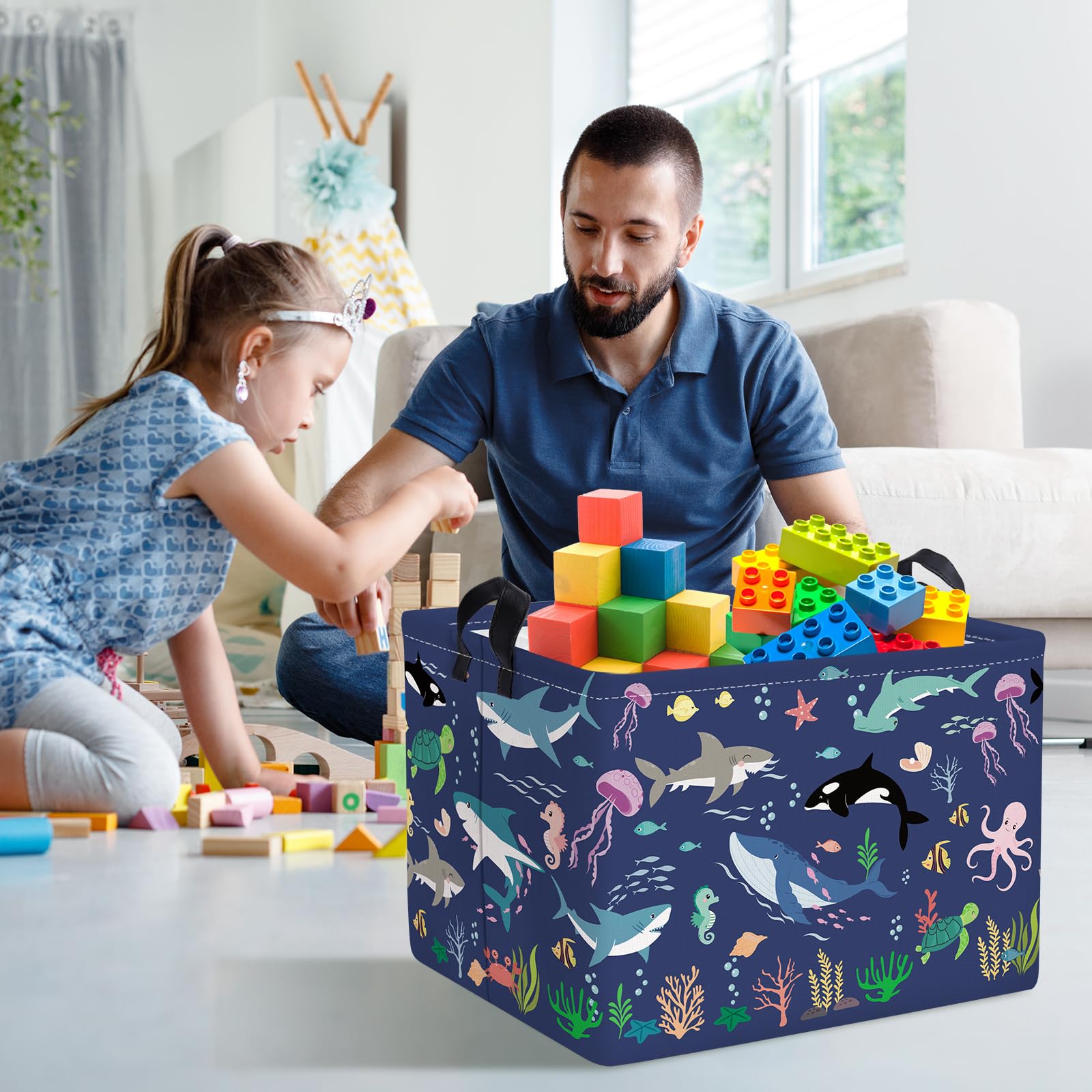 Clastyle Paniers Rangement Animaux Marins Requin Bleu pour Enfants Rectangulaire Boîtes de Rangement Jouets Vêtements pour Chambre d'enfant, 40x30x30 cm