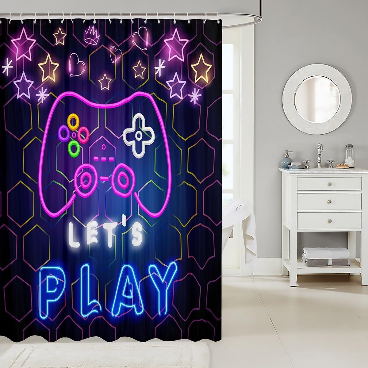 jejeloiu Gamer Boys Shower Curtain for Bathroom Decor 72"x72", Kids Gaming Purple Bath Curtain for Girls Teens, Honeycomb Game Bathroom Accessories Breathable Soft Lightweight Game Room Decor image 2