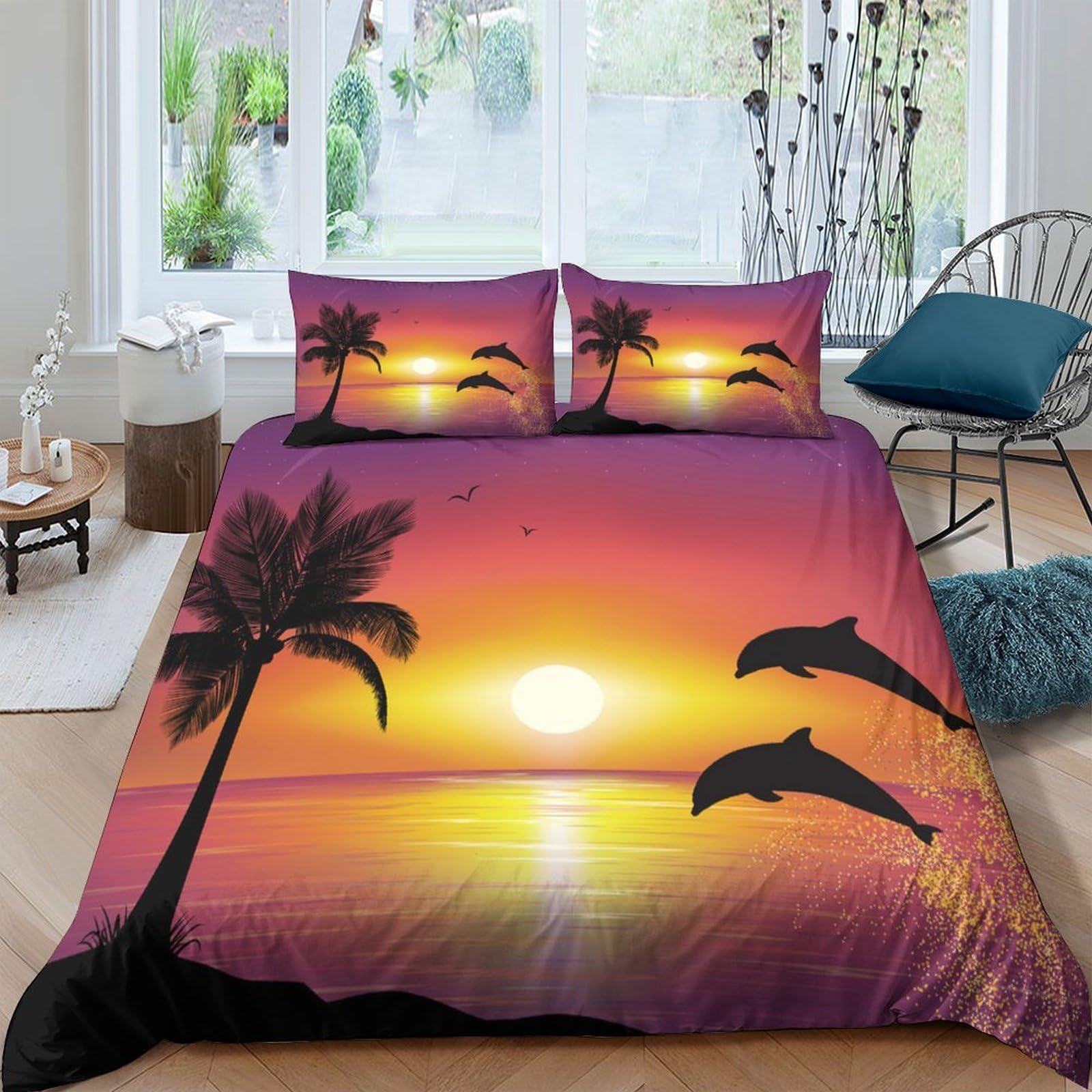 XFKLYNVCJ 3D Printed Sunset beach scene Comforter Cover Microfiber Tropical sunset Quilt Cover Fade Resistant No Iron for Young Adults Rental Flat Teen Bedroom Daily Use Super king（260x220cm）